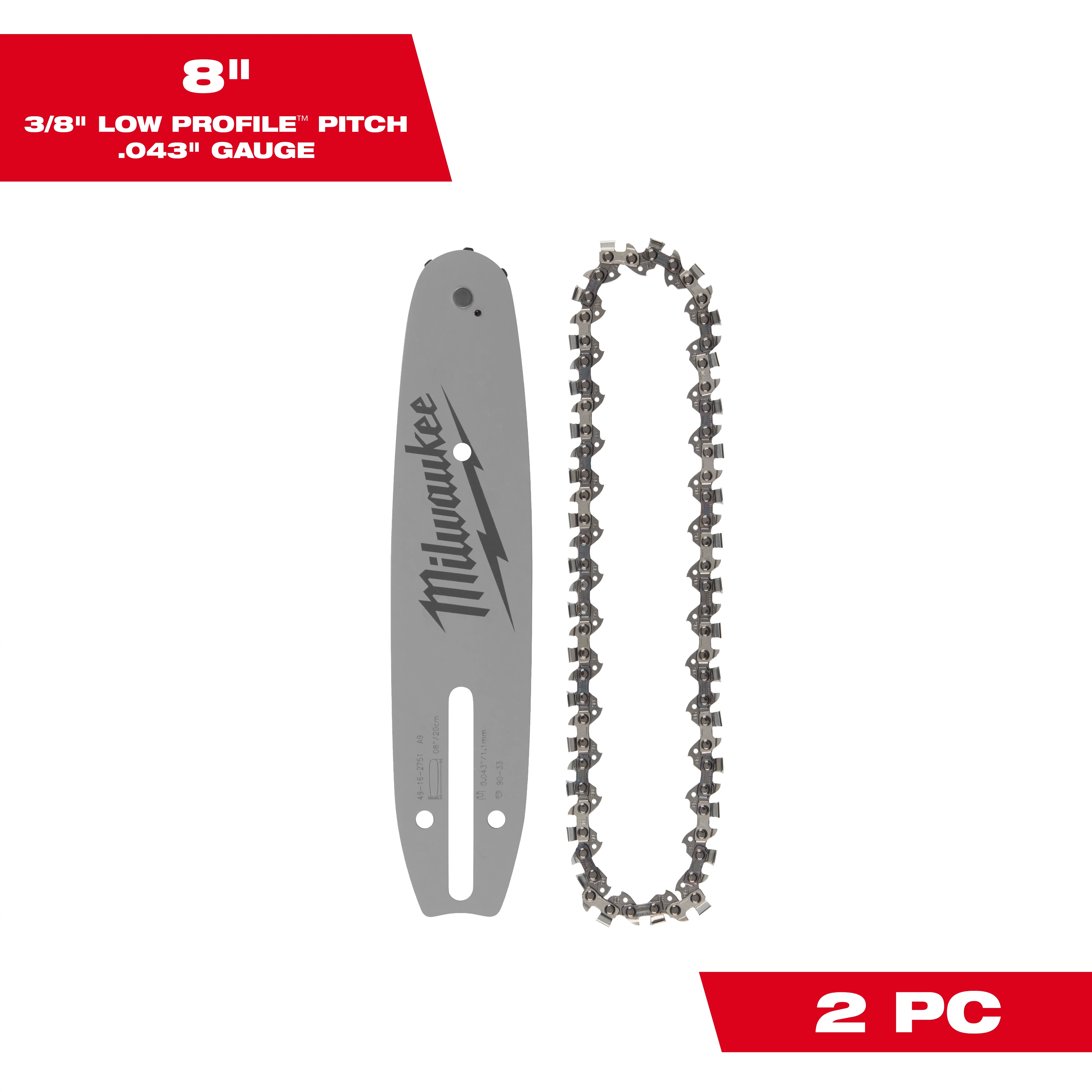 8-inch Milwaukee chainsaw bar and chain set with a 3/8" low profile pitch and .043" gauge