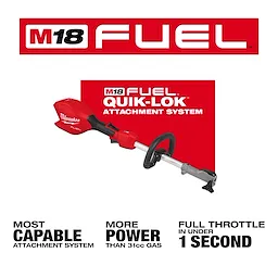 Image of the M18 FUEL™ Power Head w/ QUIK-LOK™ Attachment System. The tool is shown with a red and black handle and an attachment point. Text highlights include "Most Capable Attachment System," "More Power Than 31cc Gas," and "Full Throttle in Under 1 Second." The M18 FUEL™ logo is prominently displayed at the top.