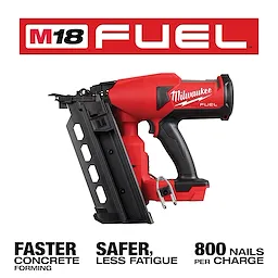 Image of the M18 FUEL Duplex Nailer with the text "M18 FUEL - Faster concrete forming. Safer, less fatigue. 800 nails per charge."