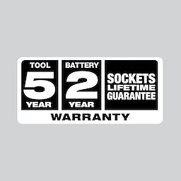 5 year tool warranty, 2 year battery warranty, and sockets lifetime warranty