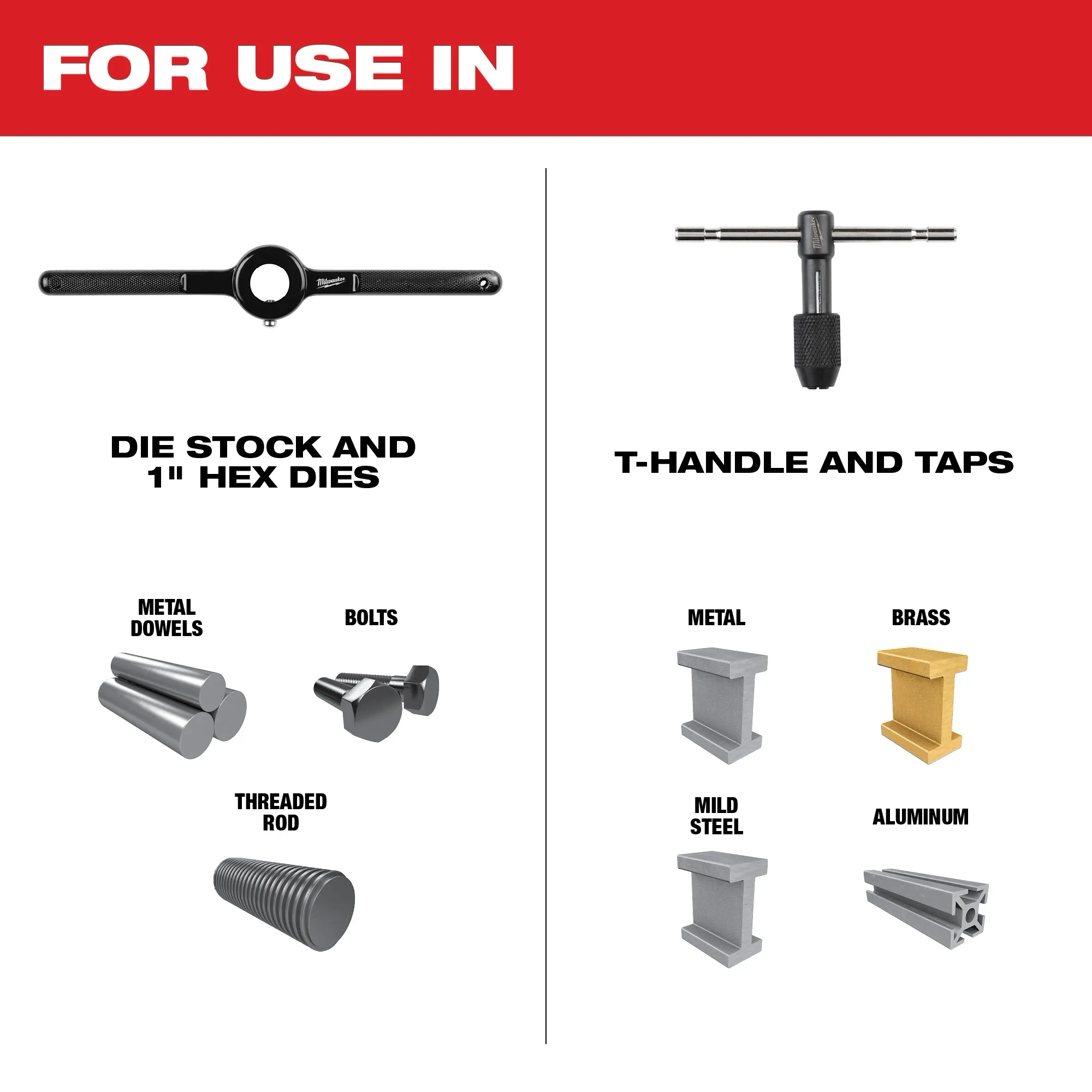 For use in die stock and 1" hex dies, T-handle and taps