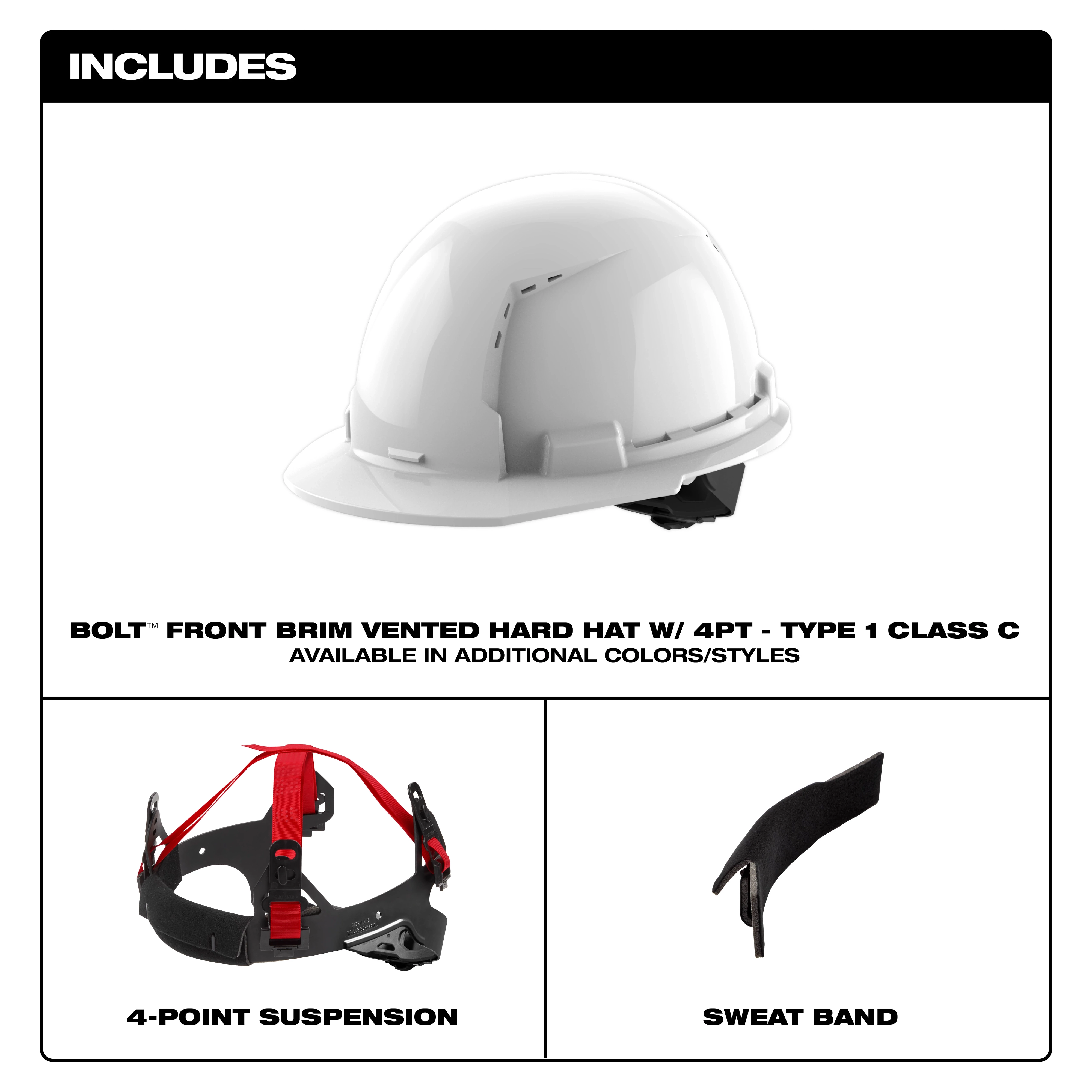 The image displays a BOLT™ White Front Brim Vented Hard Hat with 4-point Ratcheting Suspension (USA) - Type 1, Class C. The hard hat is white with a vented design. Below it, additional components are shown: a 4-point suspension and a sweat band. The text mentions that the hard hat is available in additional colors and styles.