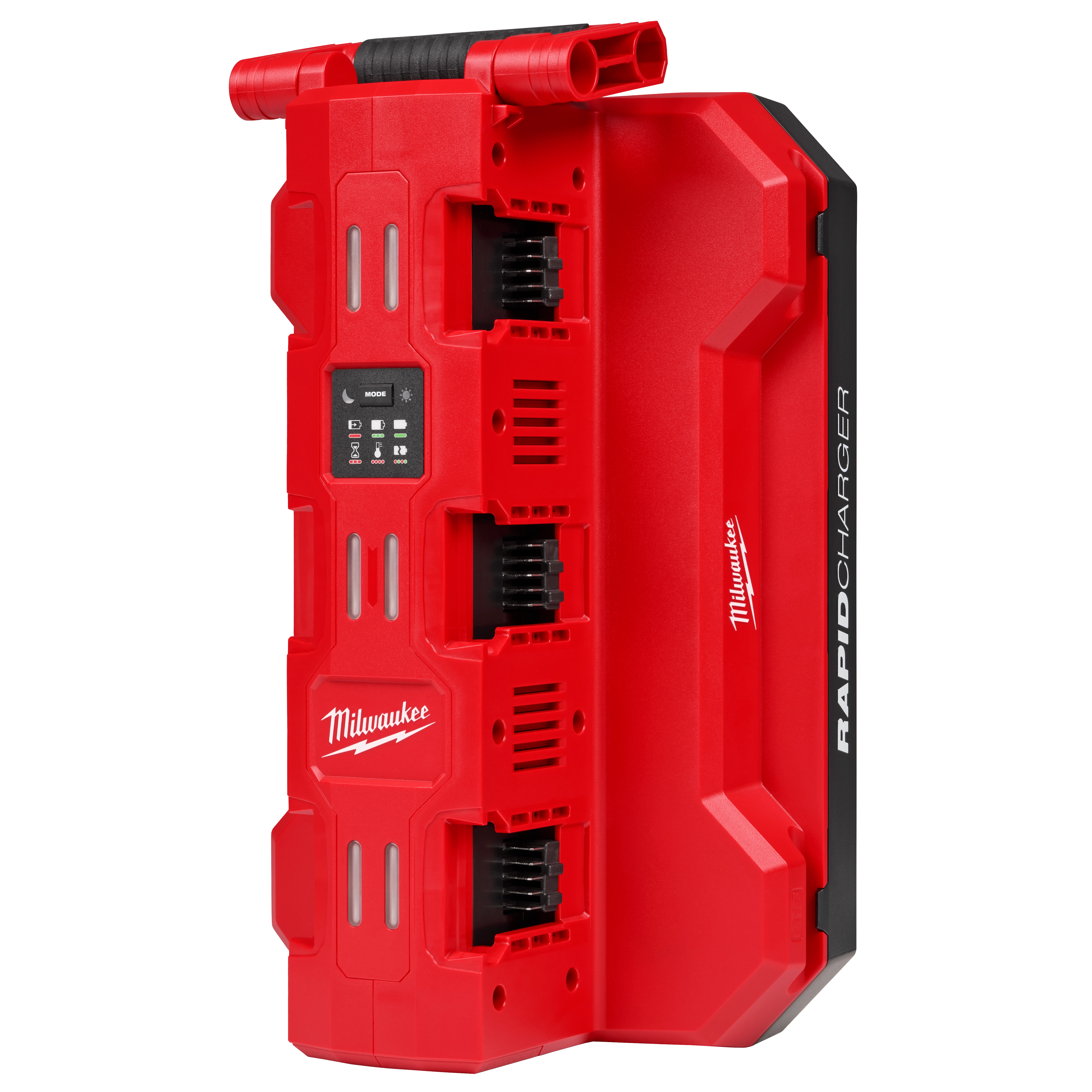 The image shows the M18™ Six Bay Daisy Chain Rapid Charger. It is a red, vertical device designed for charging multiple battery packs sequentially. The charger has six slots, control buttons in the middle, and the Milwaukee logo with "Rapid Charger" written on the side. The overall design features vents for cooling and a robust, durable construction suitable for heavy-duty usage.