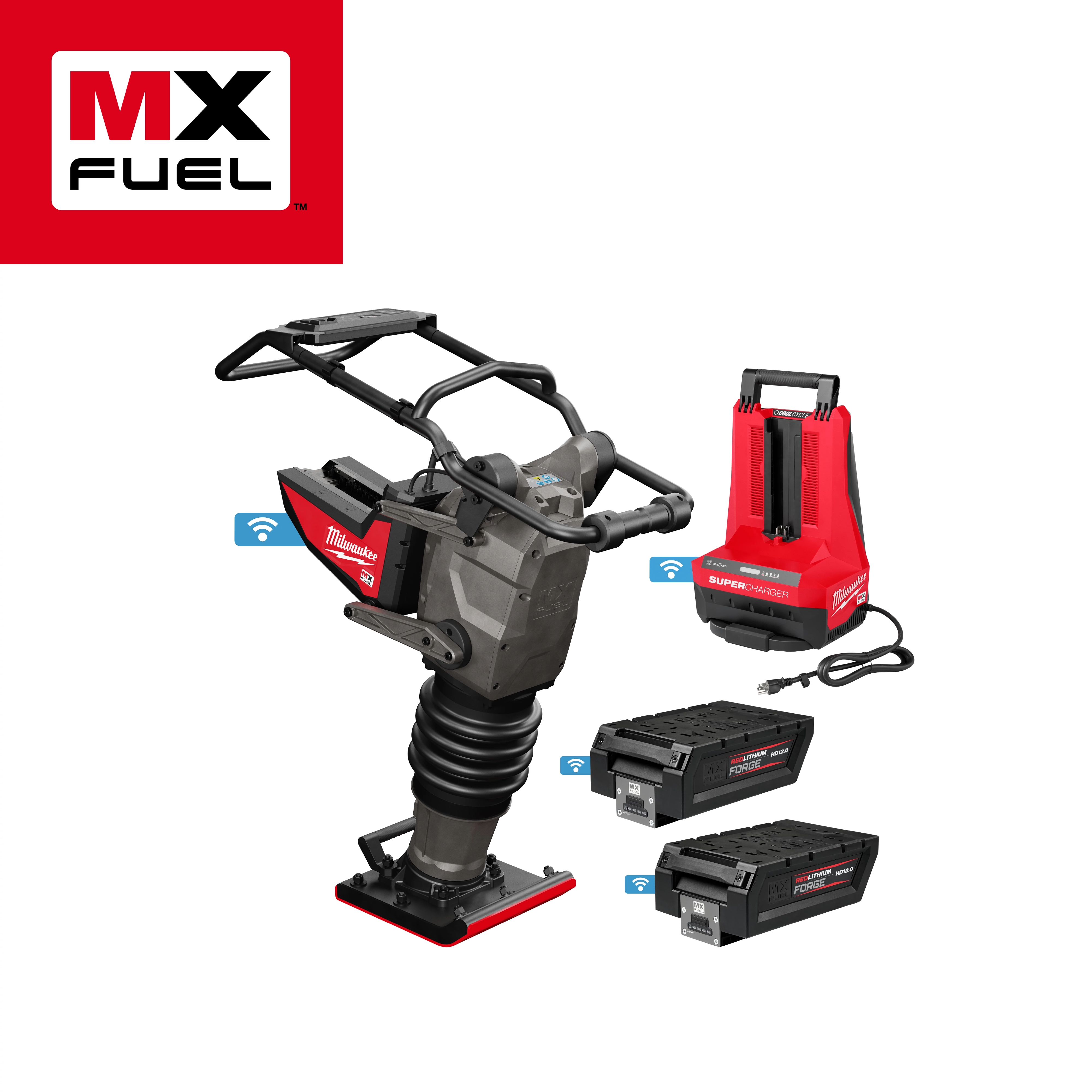 The image shows an MX FUEL™ 70 kg Rammer, accompanied by a red battery charger and two black batteries. The background features a white space with the MX FUEL™ logo in the upper left corner. The charger and batteries display the MX FUEL™ branding.