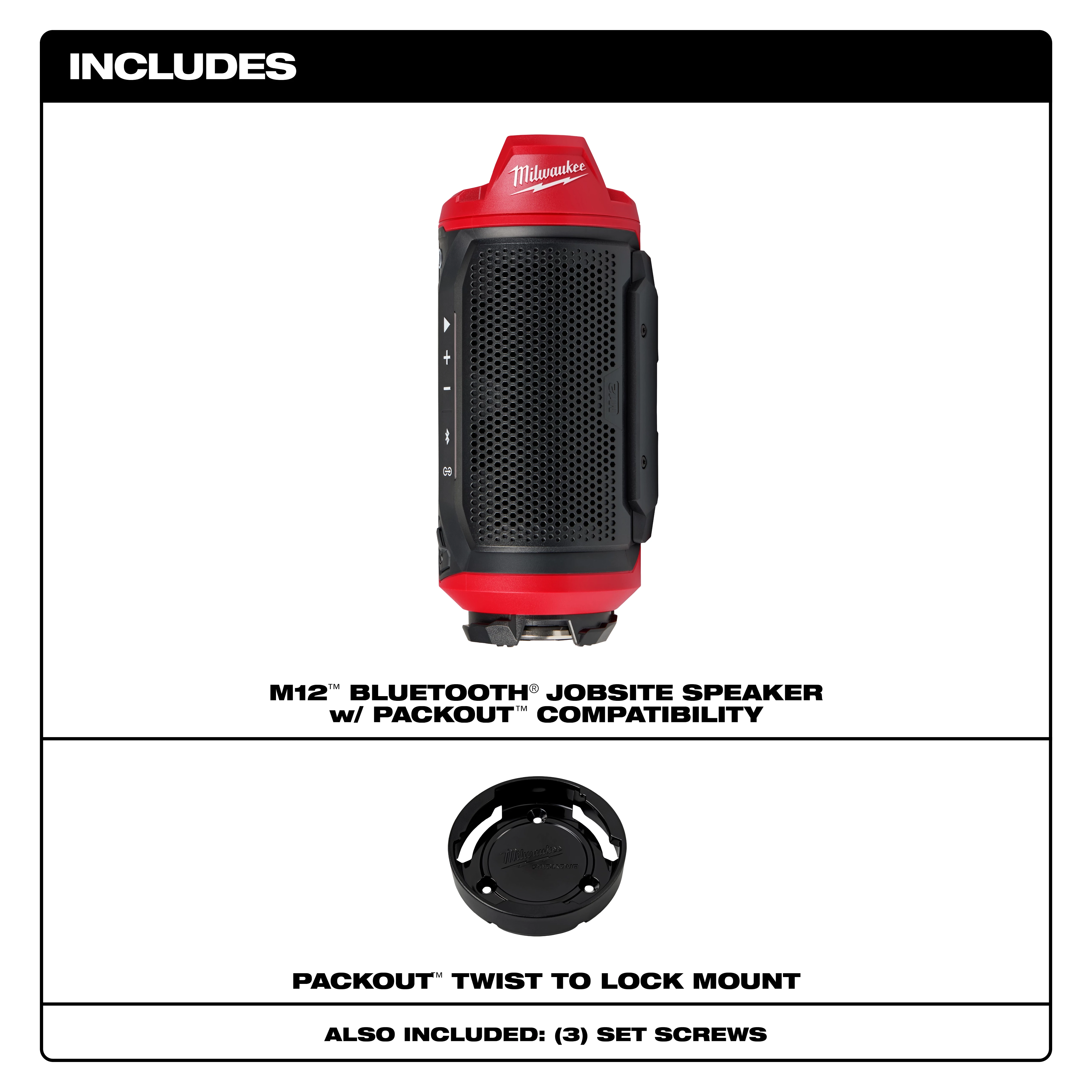 Image showing the includes of the M12™ Bluetooth® Jobsite Speaker w/ PACKOUT™ Compatibility. It features a black and red speaker, a PACKOUT™ twist-to-lock mount, and three set screws.