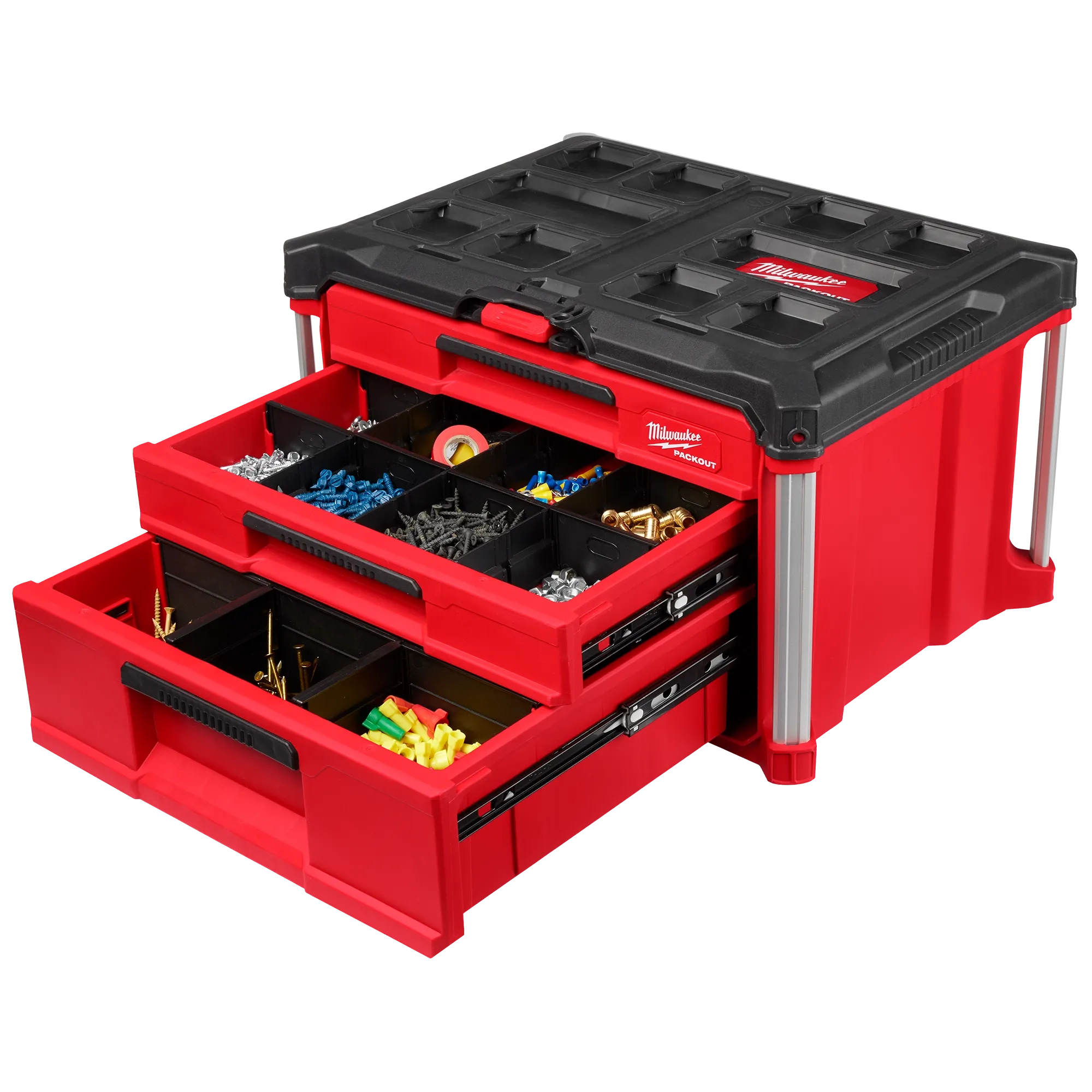 PACKOUT Multi-Depth 3-Drawer Tool Box with screws, tape, bolts, and more organized 