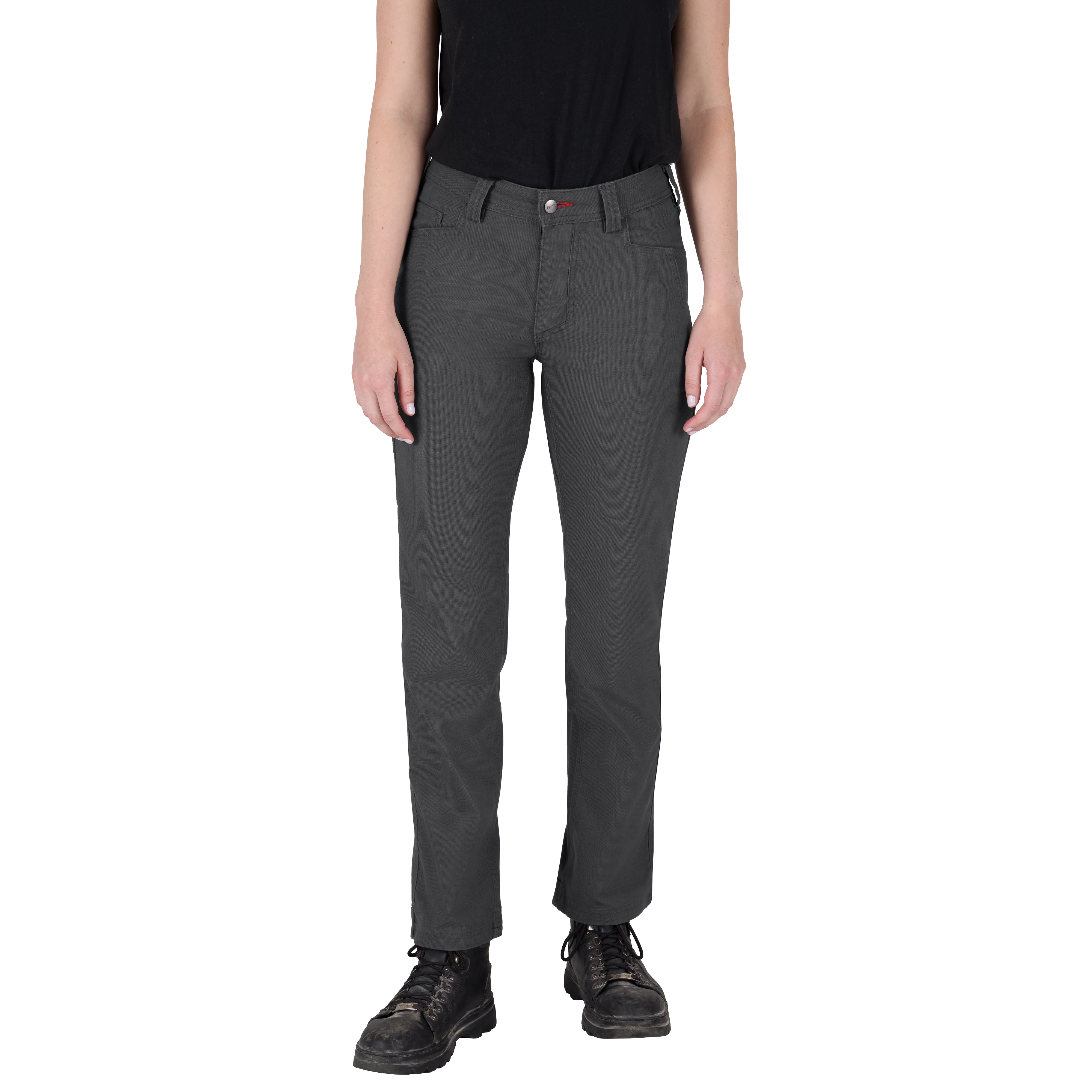 A person wearing gray women's work pants, paired with a black top and black boots. The pants are labeled Women's Work Pants - Gray. The outfit is casual and functional, suitable for work environments.