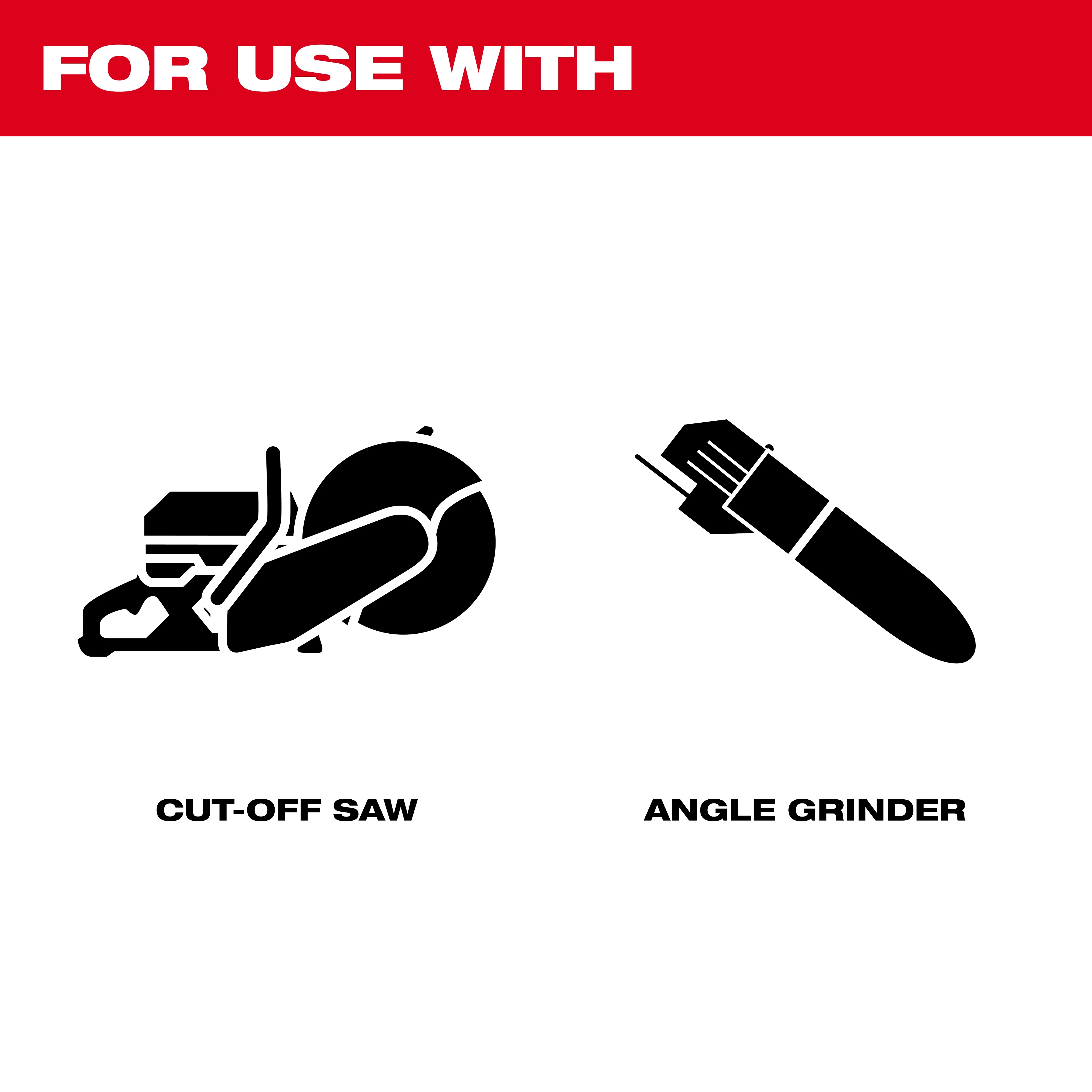 Graphic showing that the DIAMOND MAX™ All-Purpose Segmented Turbo Diamond Blade is compatible with a cut-off saw and an angle grinder. The image includes black icons of a cut-off saw and an angle grinder, with the text "FOR USE WITH" above in red and white text labels beneath each icon.