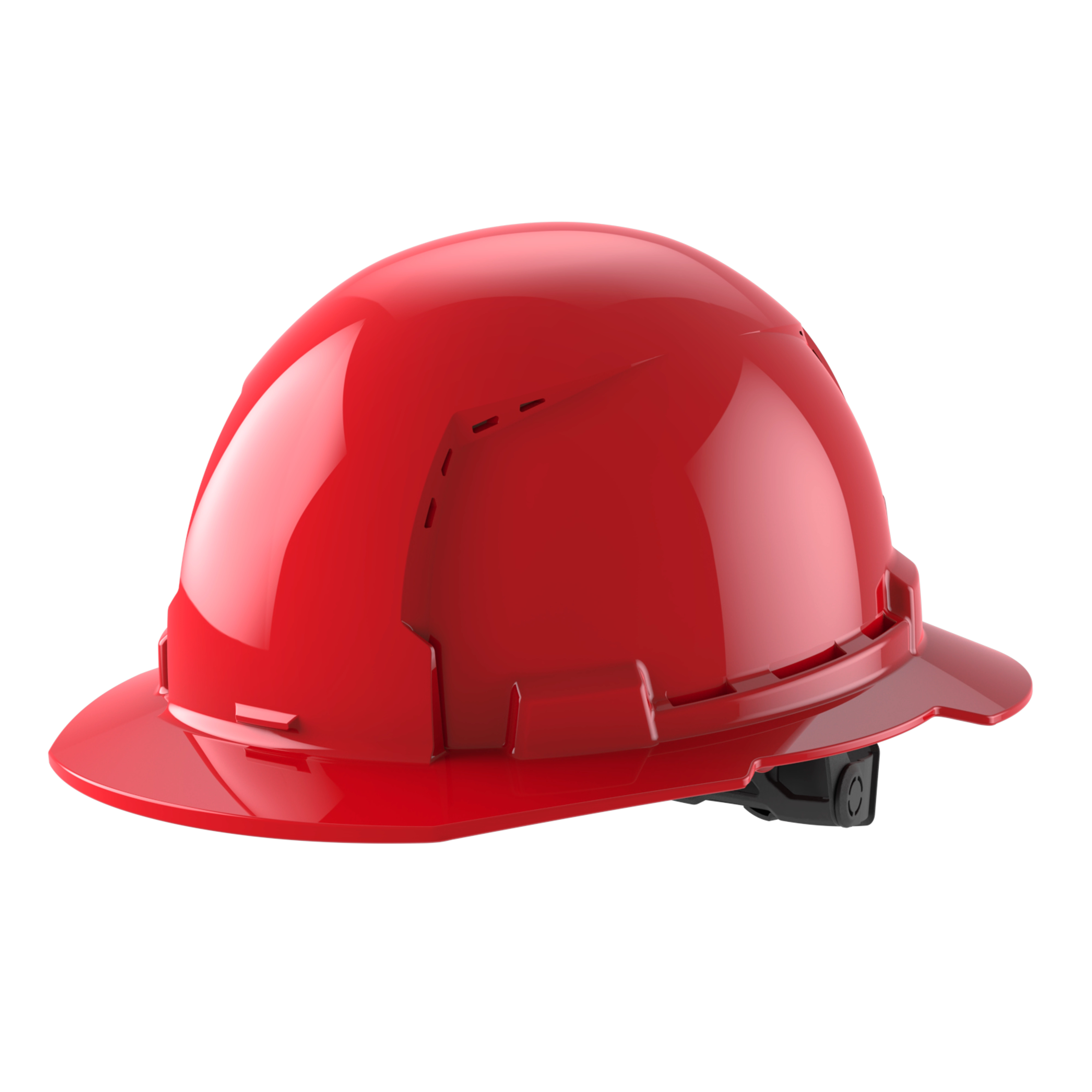 Red construction hard hat with a brim and adjustable strap.