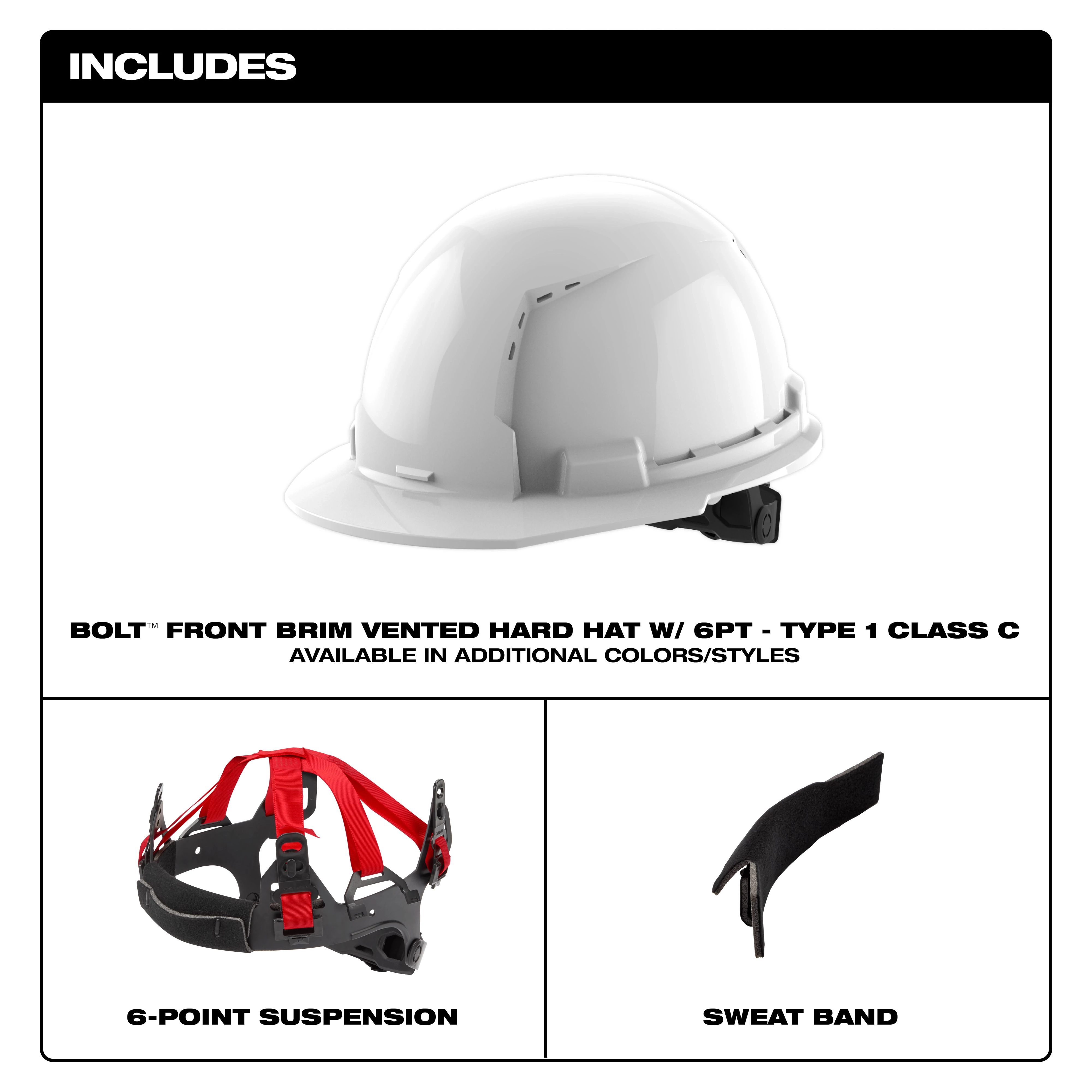 The image shows the BOLT™ White Front Brim Vented Hard Hat w/6pt Ratcheting Suspension (USA) - Type 1, Class C. The top part displays the hard hat, while the bottom part showcases its components: a 6-point suspension and a sweatband. The text indicates the hard hat is available in additional colors/styles.