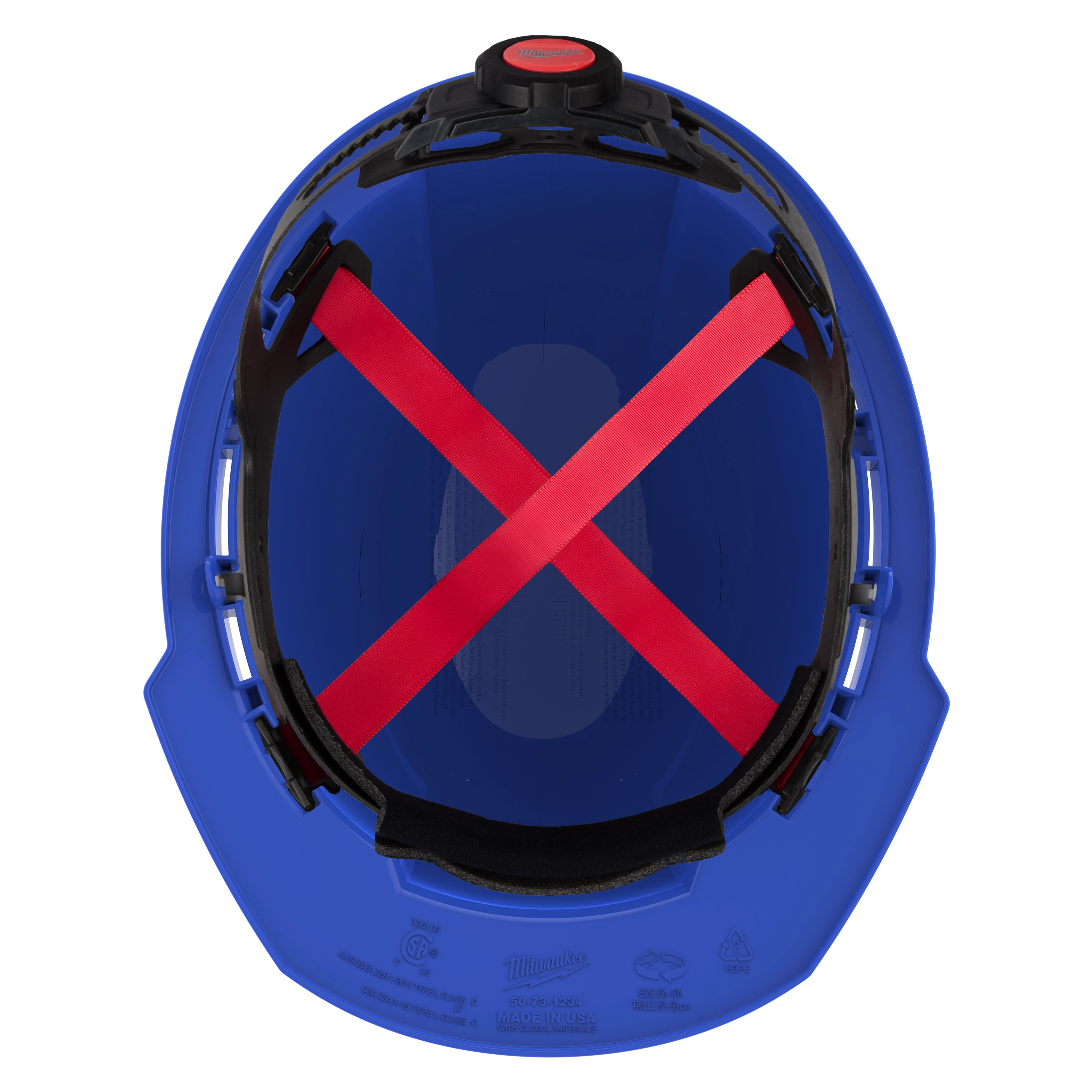 Interior view of a blue hard hat with red suspension straps and a black comfort pad.