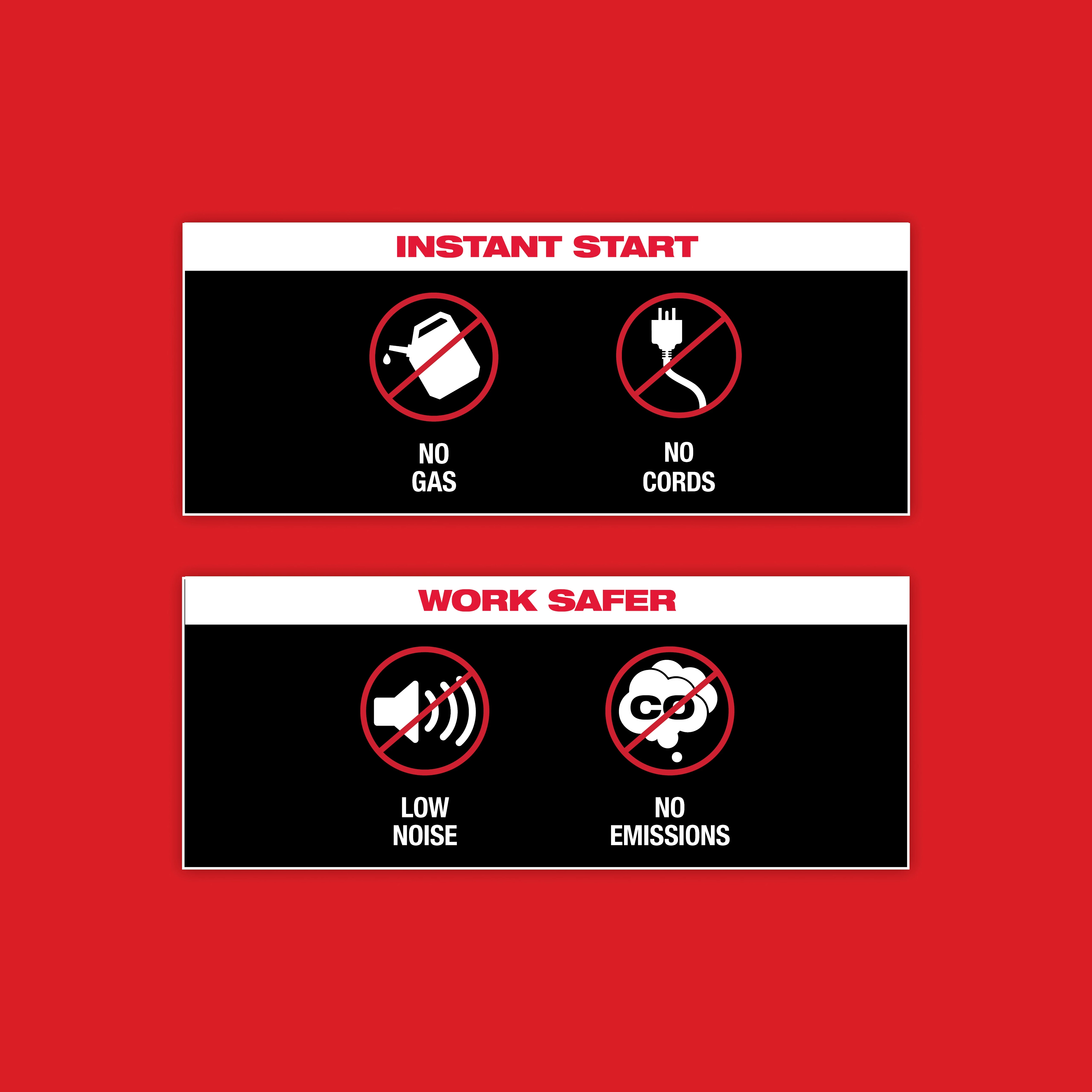 Two sections: "Instant Start" (No gas, No cords) and "Work Safer" (Low noise, No emissions) on a red