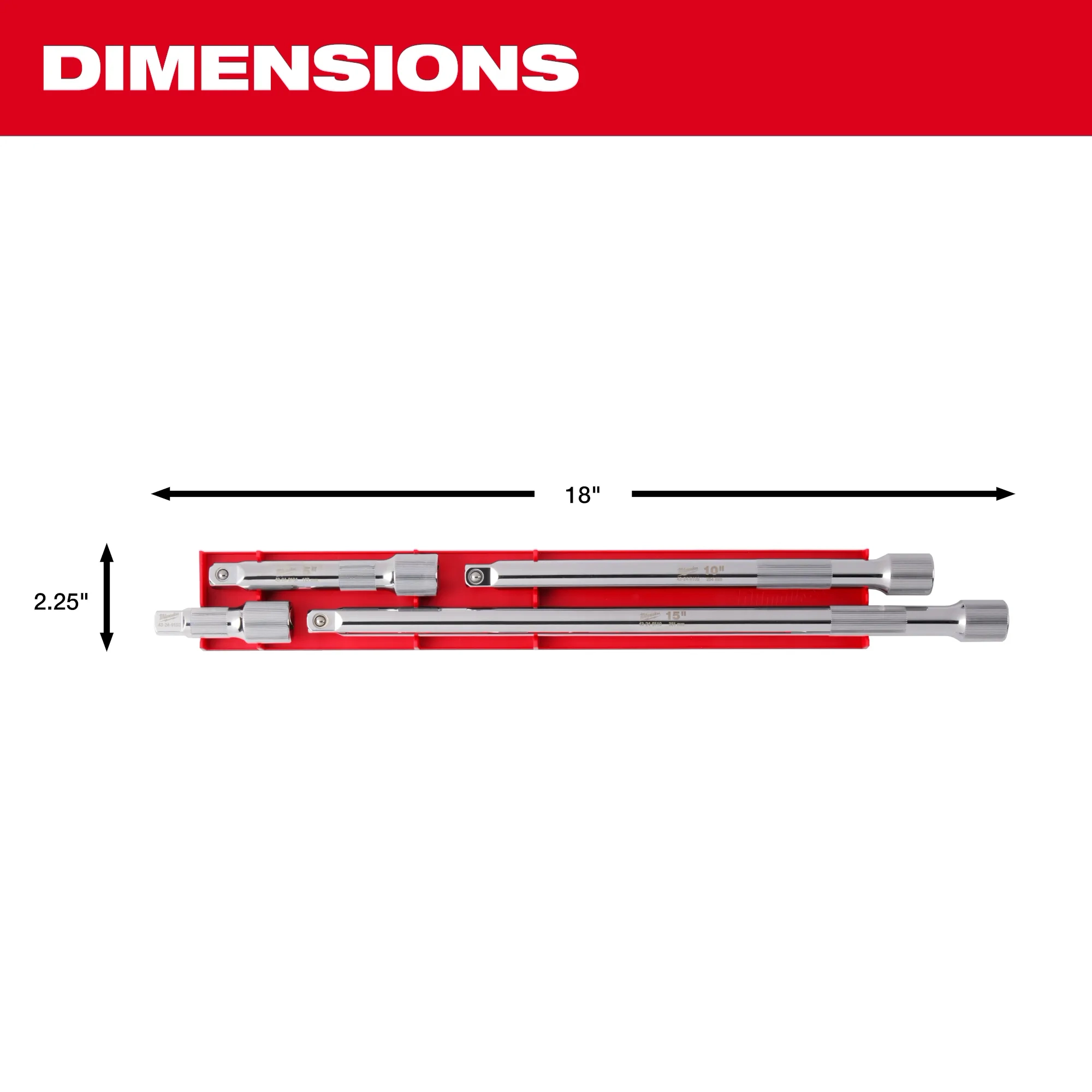 Image of the Milwaukee 4pc 1/2” Drive Extension Set dimensions