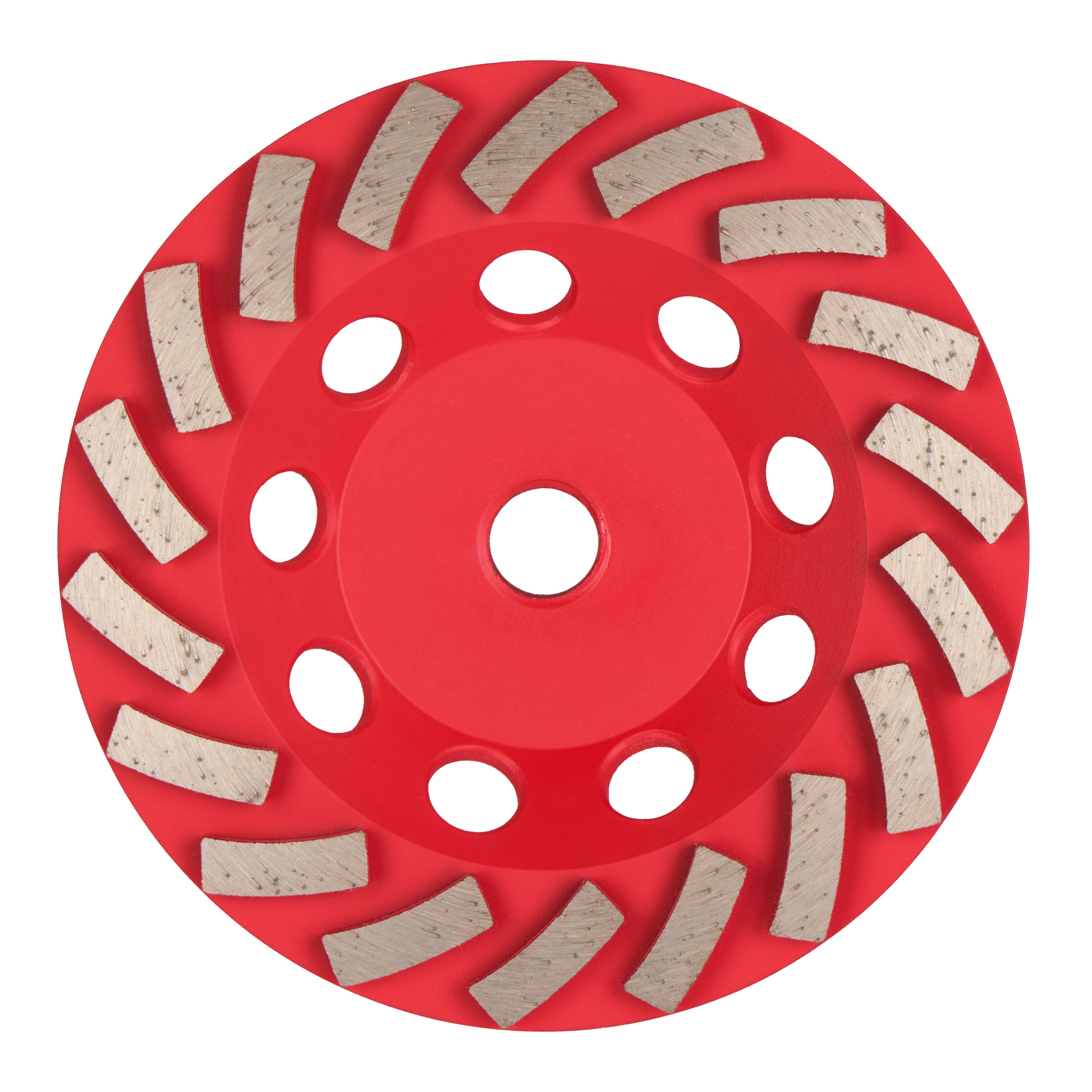 Image of a red 5" DIAMOND MAX™ Turbo Diamond Cup Wheel - 18 Segment, featuring multiple curved, grey segments positioned radially around the wheel with several circular holes near the center.