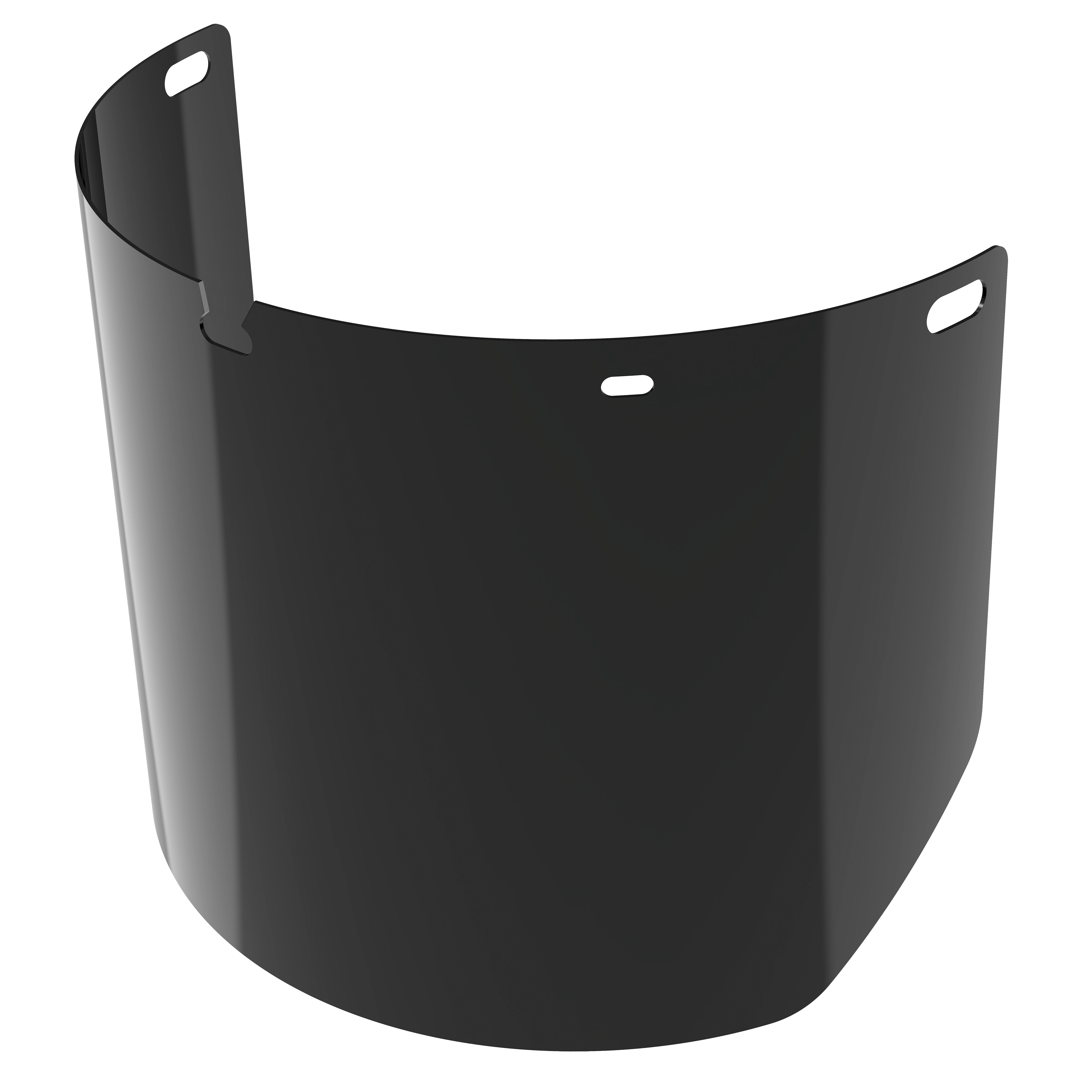 Dark, curved face shield with three rectangular holes for attachment.