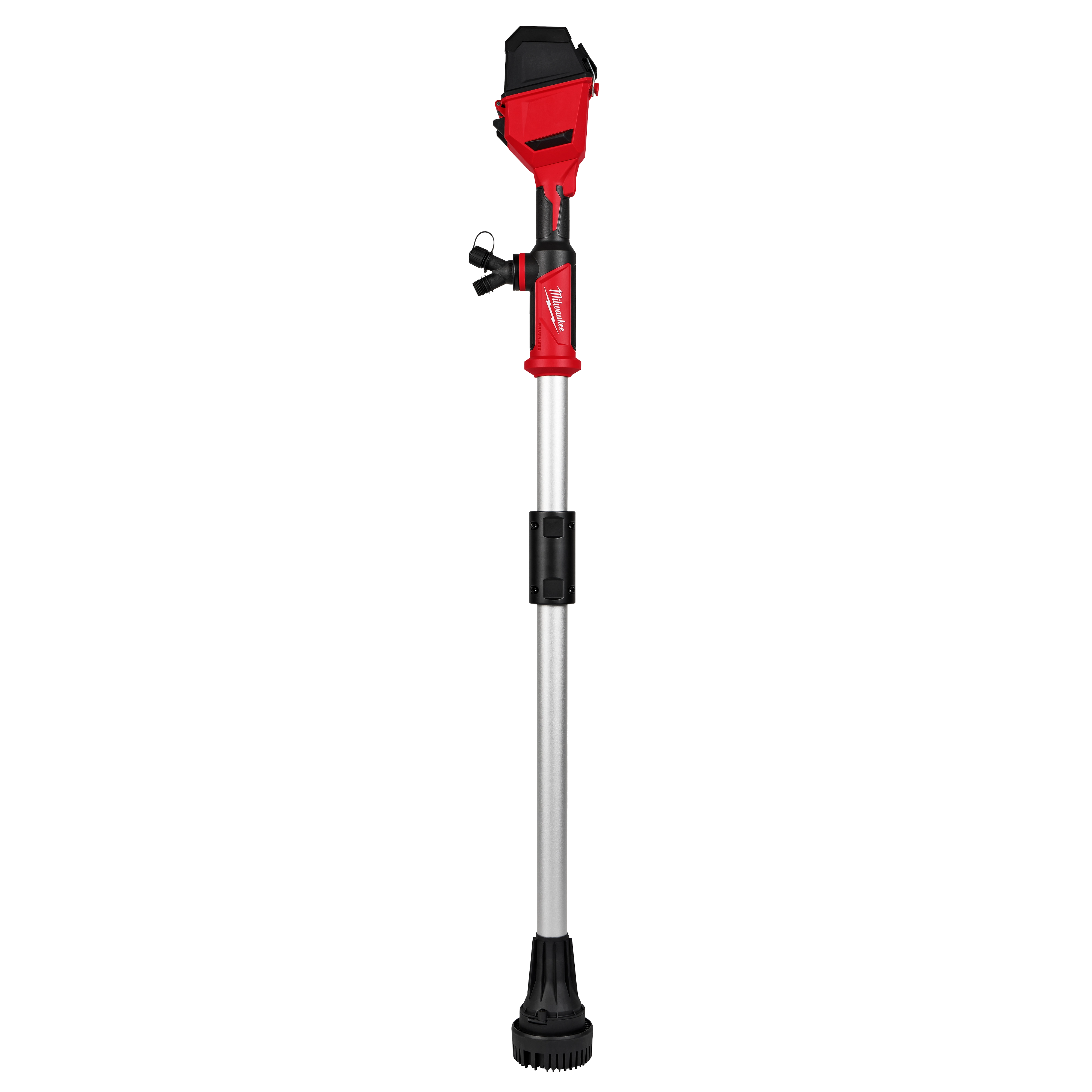 The image shows an M18™ Brushless Stick Transfer Pump with a red and black head, a silver handle, and a black base. It features a cylindrical design and is used for transferring liquids.