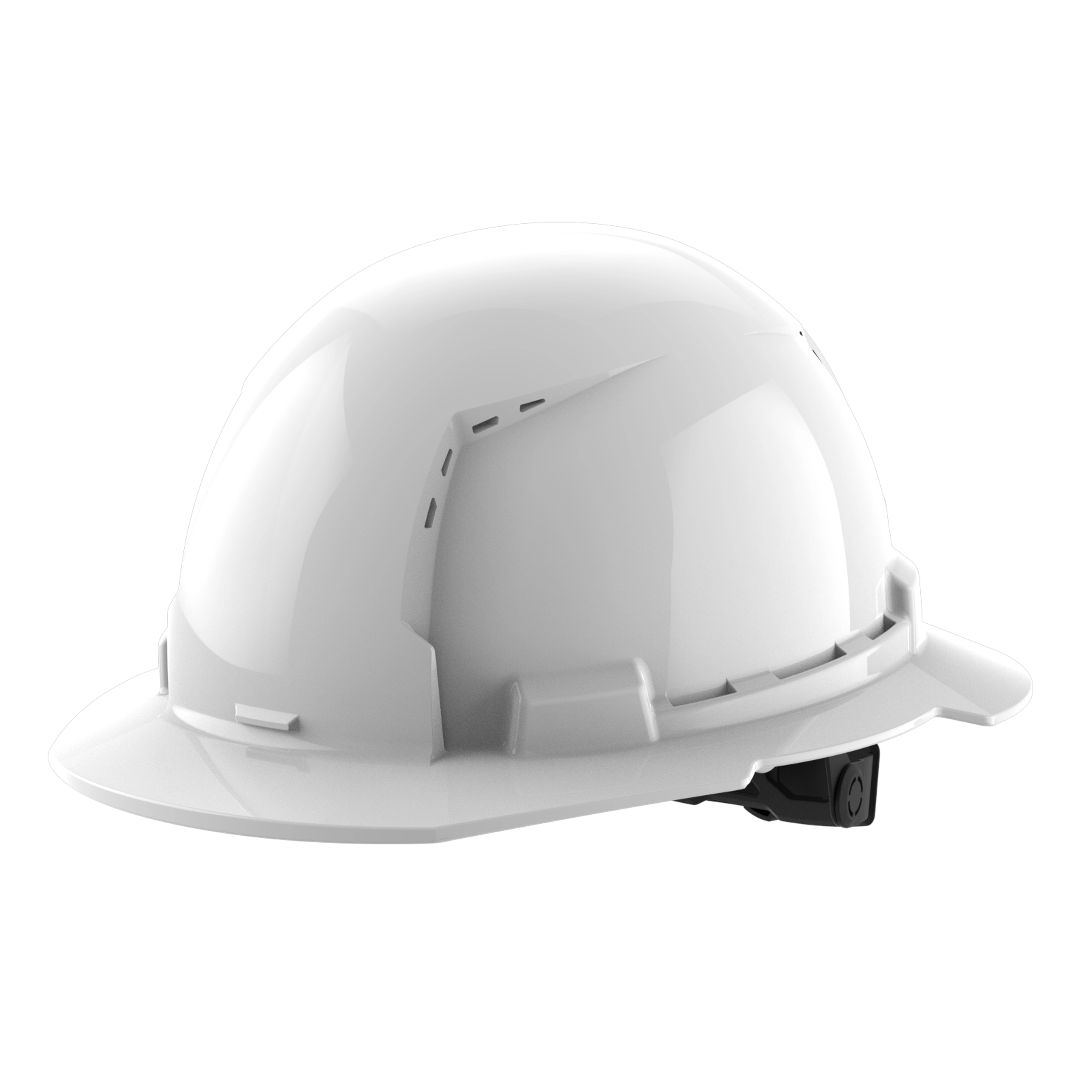 White construction hard hat with ventilation slots and adjustable strap.