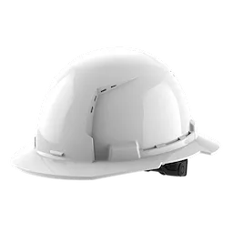 White construction hard hat with ventilation slots and adjustable strap.