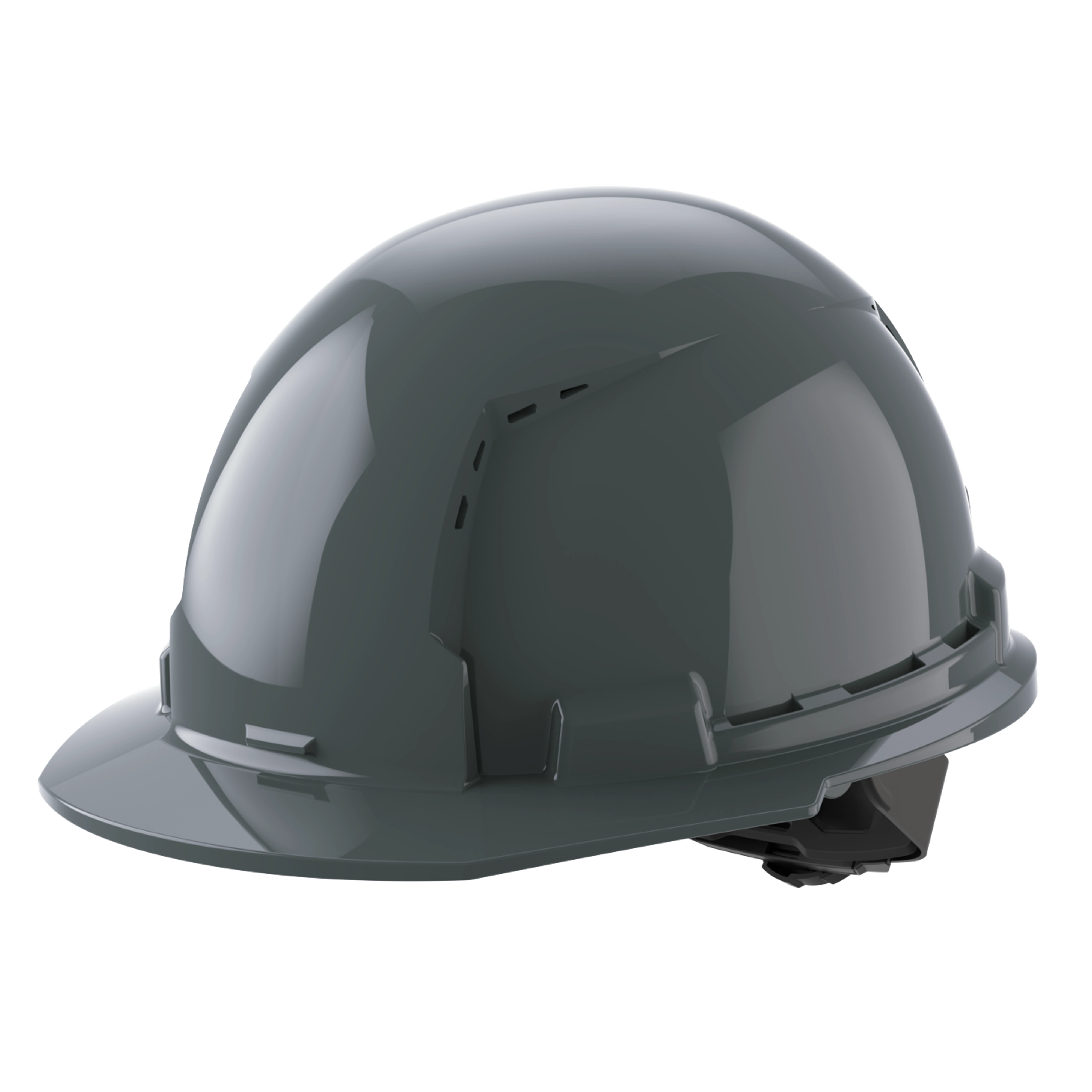 A glossy dark grey hard hat with slight ventilation features on the side.