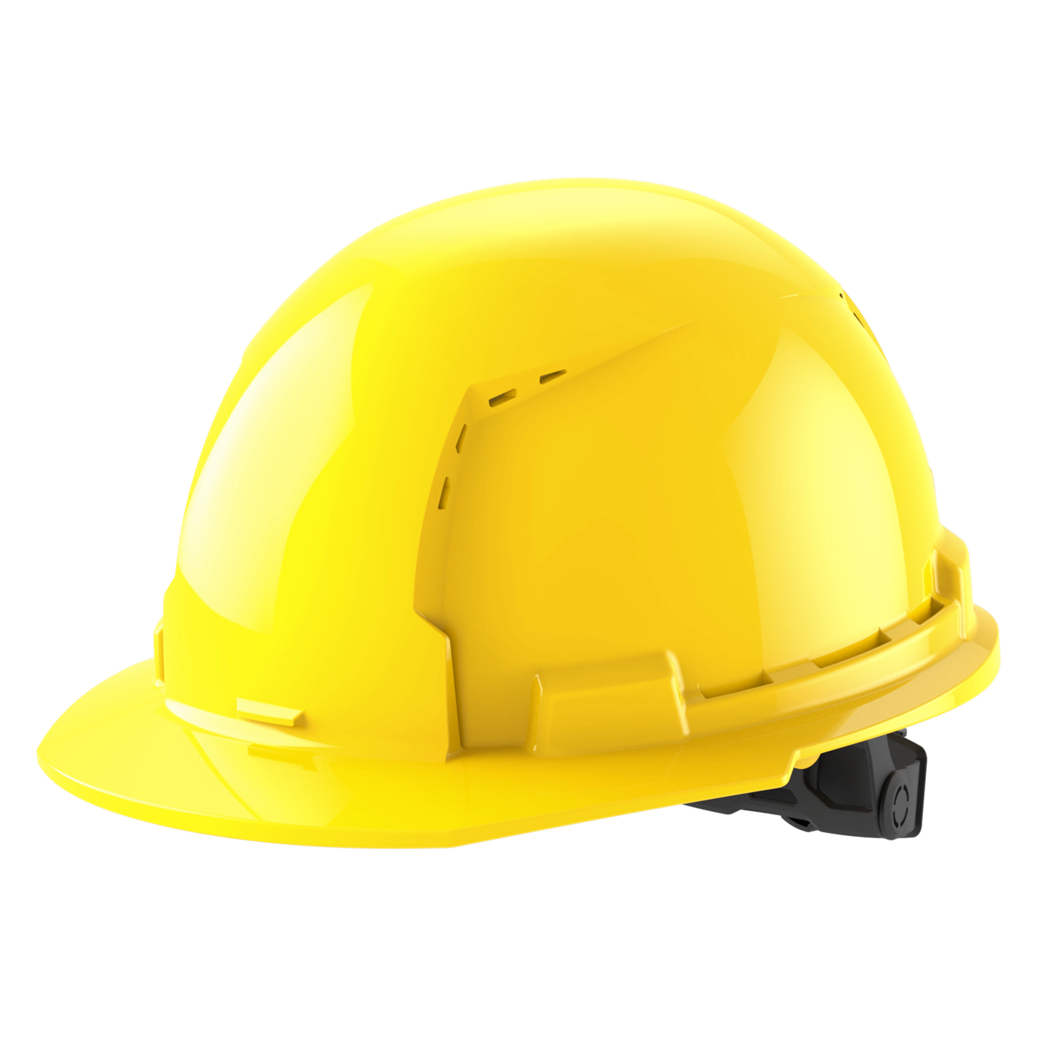 Yellow construction hard hat with a reflective surface and adjustable strap.