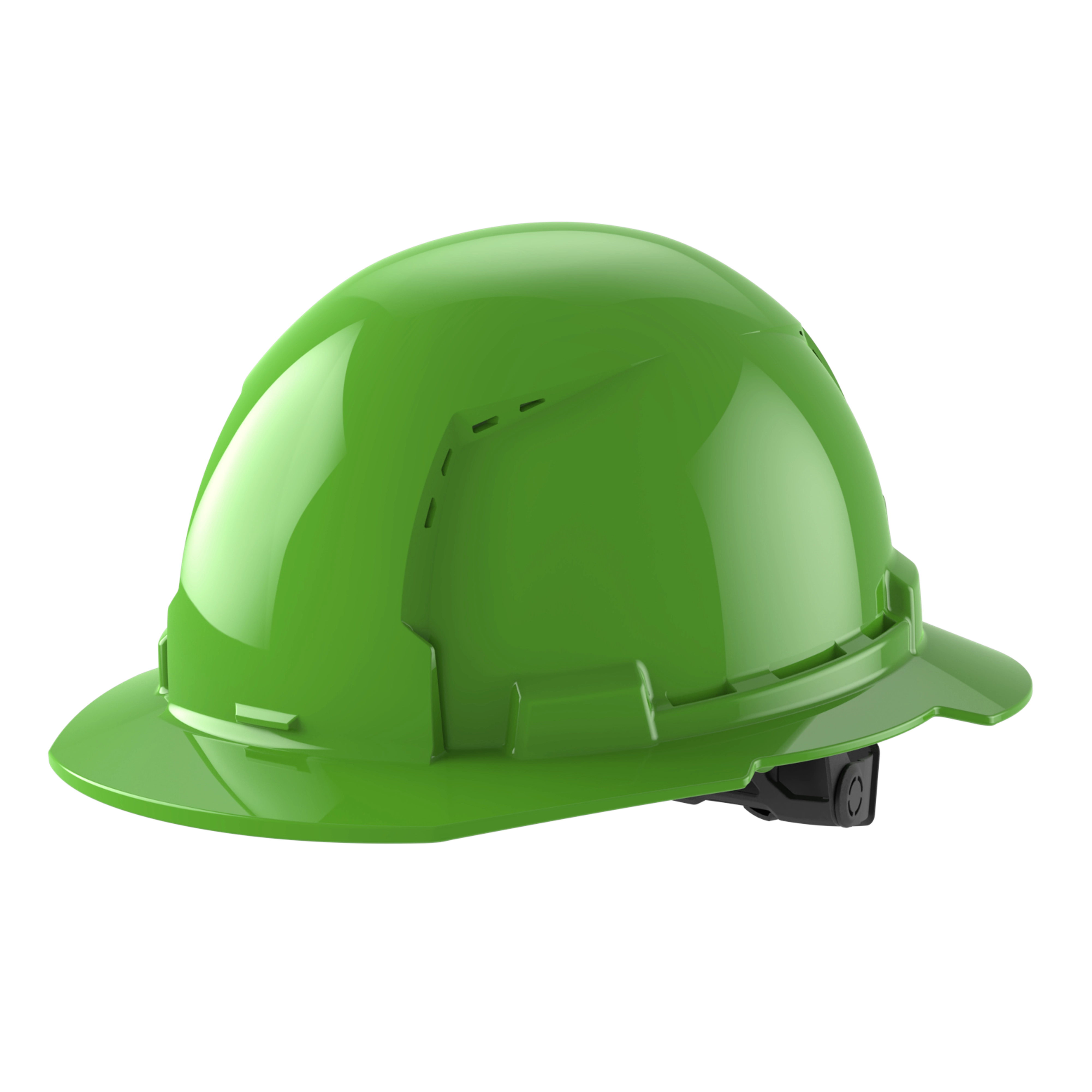 Green construction hard hat with a glossy finish and a brim, shown from a side angle.