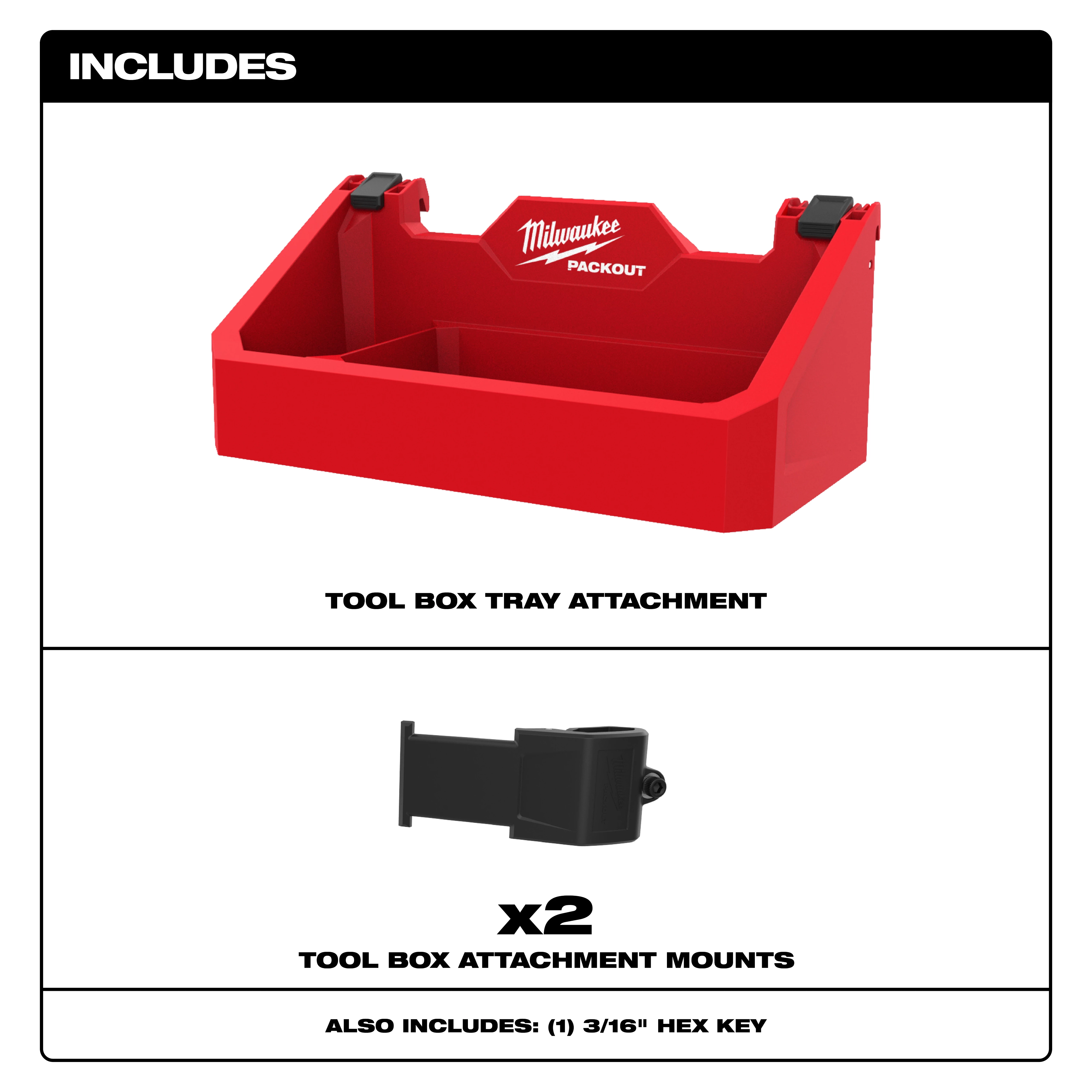 PACKOUT Tool Box Tray Attachment with two tool box attachment mounts, and a 3/16" hex key.