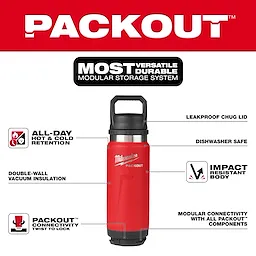 Walkaround image of the Milwaukee PACKOUT 24oz Insulated Bottle with Chug Lid in red highlighting its USPs