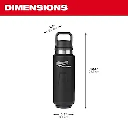 Image of the Milwaukee PACKOUT 36oz Insulated Bottle with Chug Lid in black and its dimensions