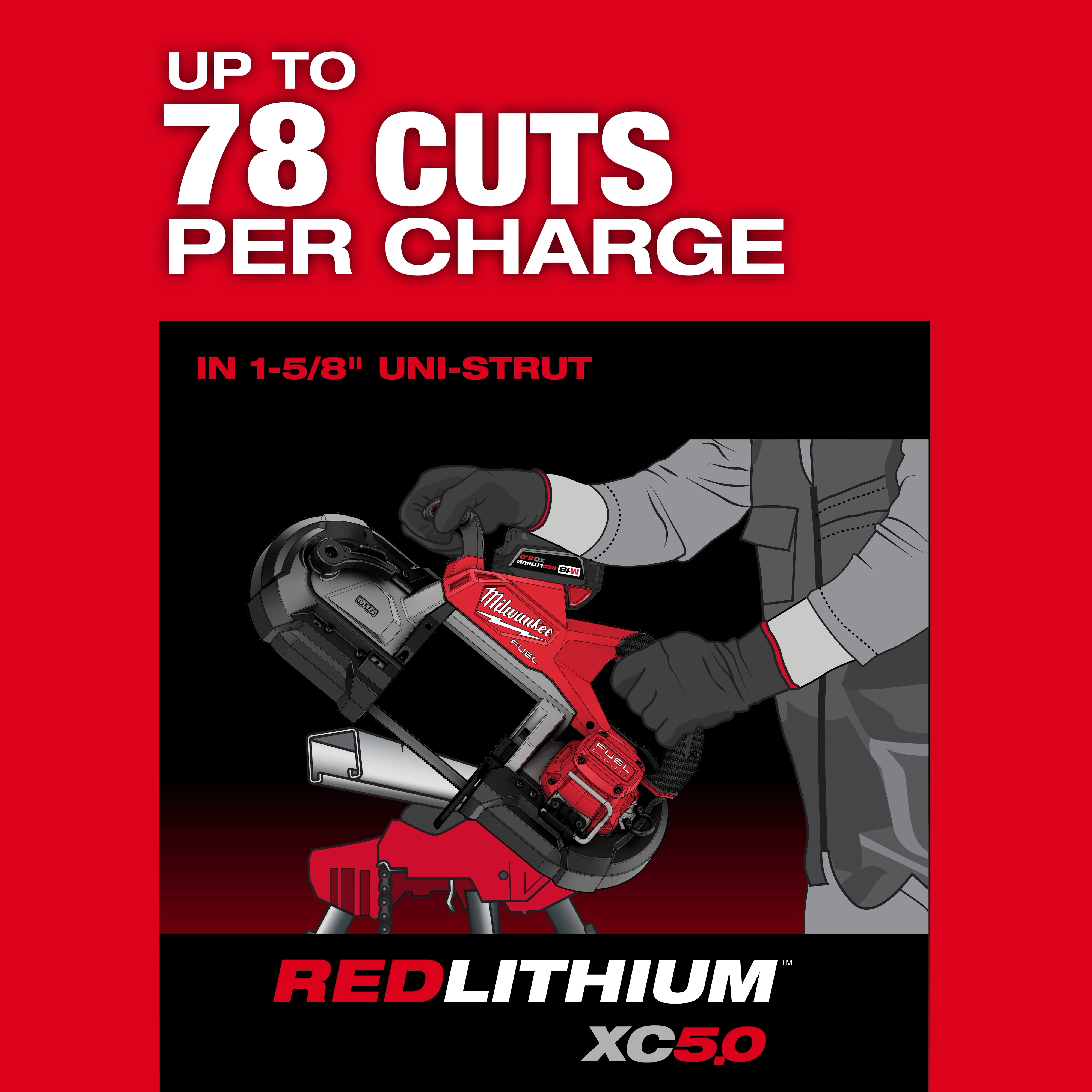 Illustration of a power tool with text: "Up to 78 cuts per charge. REDLITHIUM XC5.0."