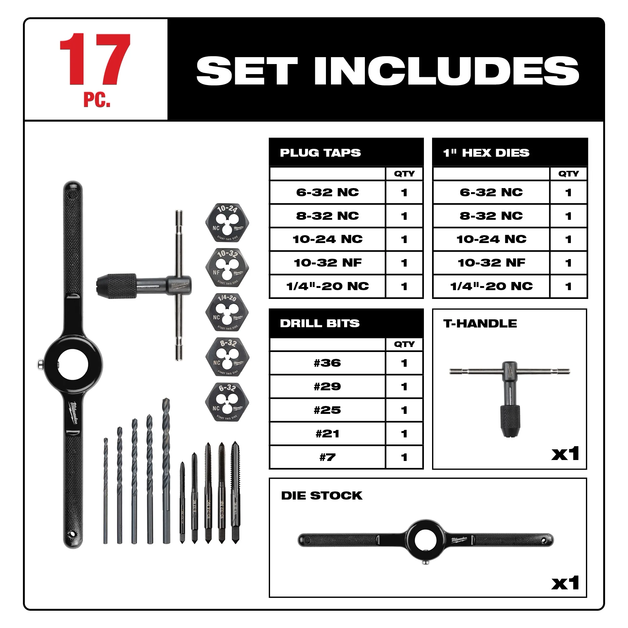 Includes plug taps, 1" hex dies, drill bits, T-handle, and die stock