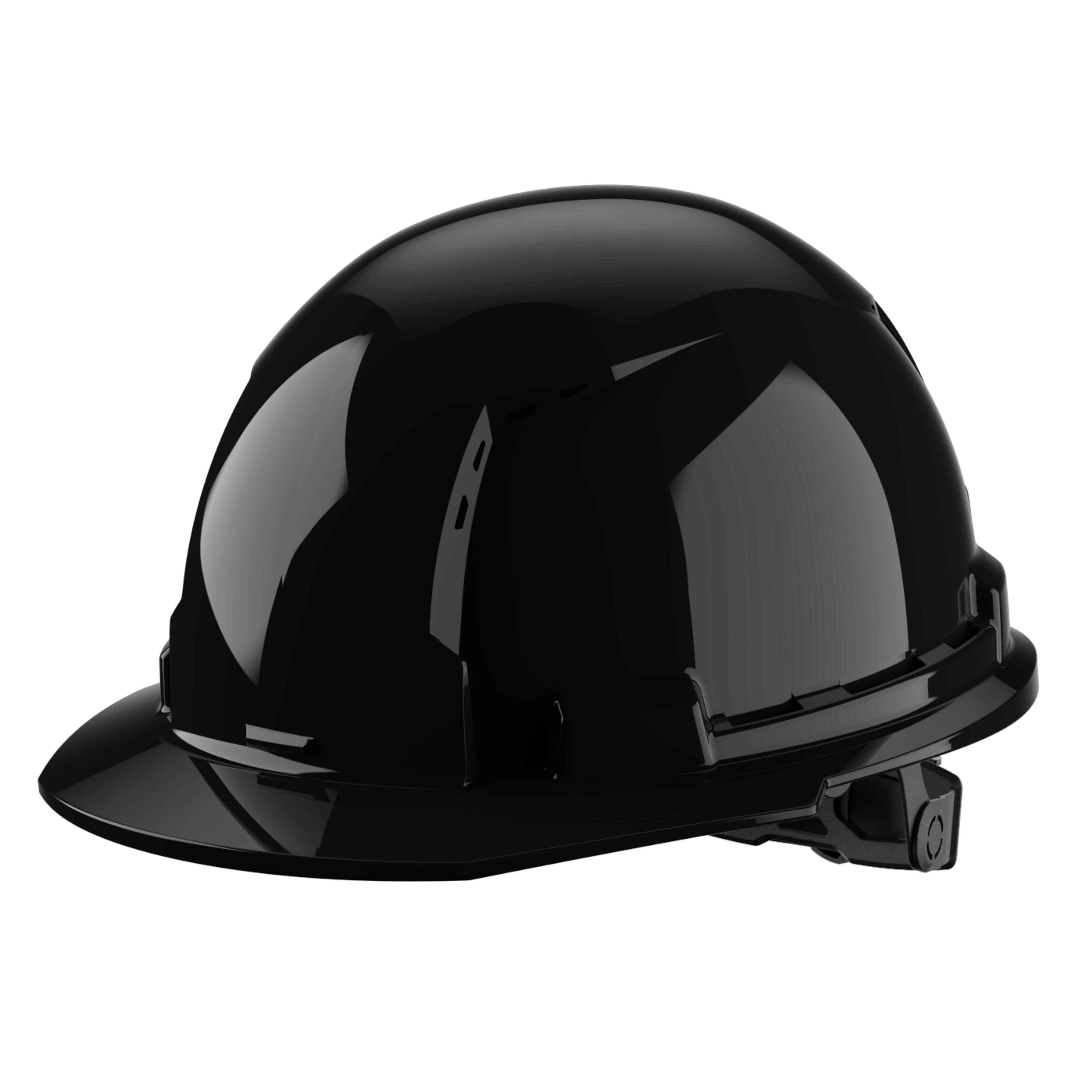 Black construction helmet with a glossy finish, viewed from the side.