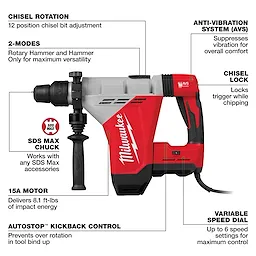 Milwaukee rotary hammer with anti-vibration system, chisel rotation, chisel lock, SDS Max chuck, 15A motor, and variable speed