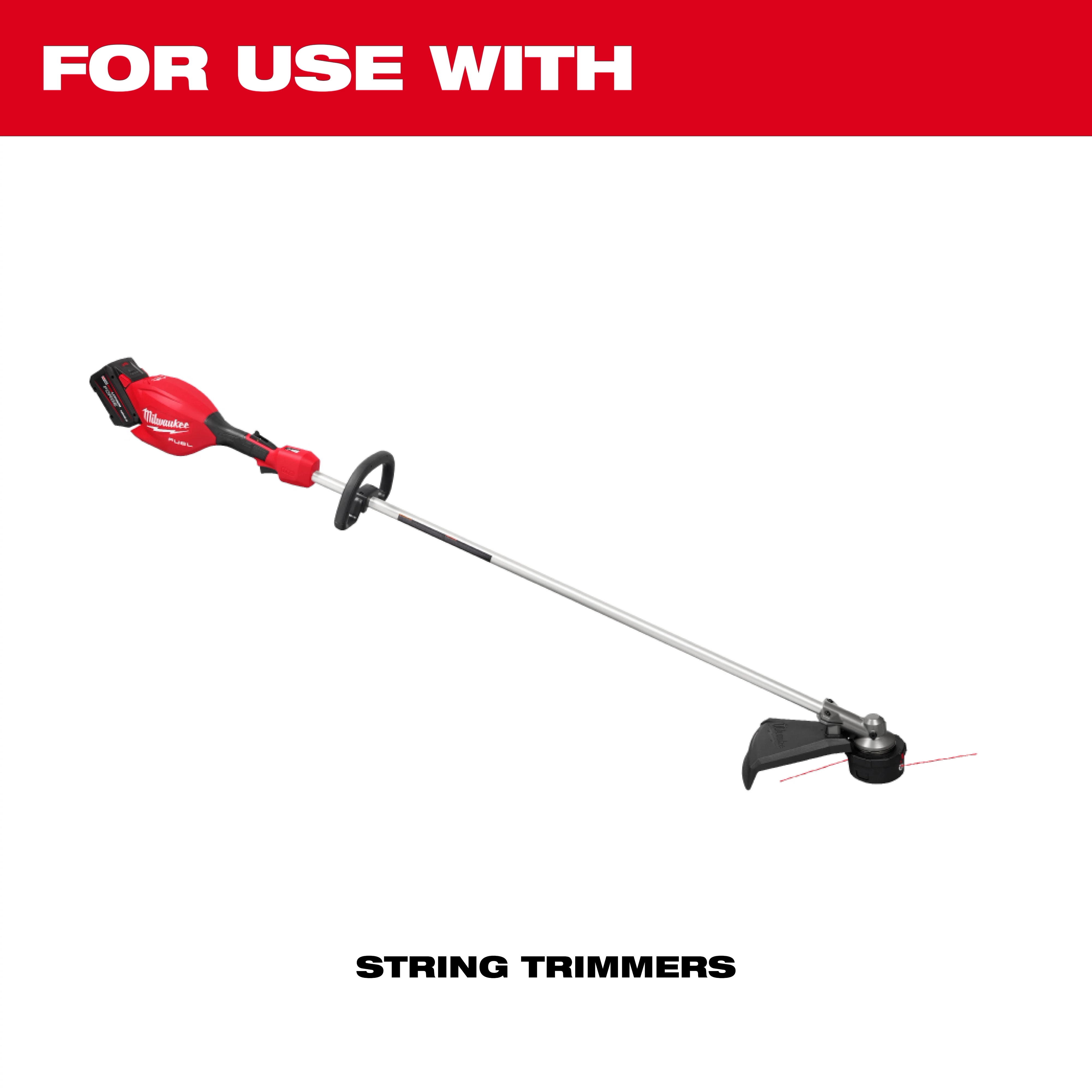 "Red and black string trimmer with a long handle, labeled 'For Use With String Trimmers.'"