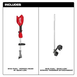 Image showing components of the M18 FUEL™ String Trimmer w/ QUIK-LOK™. On the left is the M18 FUEL™ Power Head with QUIK-LOK™, and on the right is the M18 FUEL™ QUIK-LOK™ String Trimmer Attachment. Both are depicted against a white background with labels indicating each part.