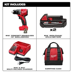 Includes 1 M18 Compact Brushless 1/2" Drill/Driver, 2 CP2.0 batteries, M18 & M12 charger, & a carrying case