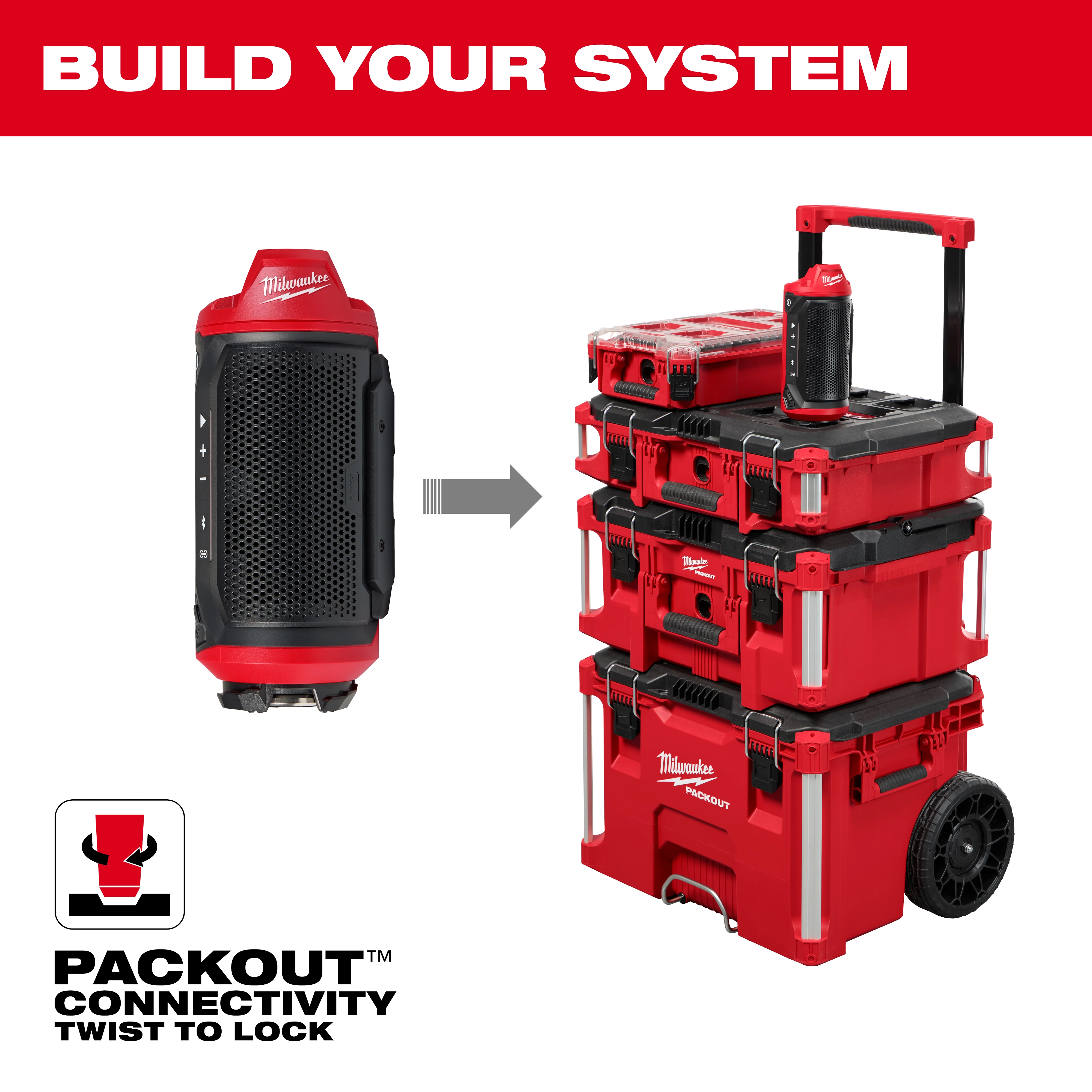 Image of the M12™ Bluetooth® Jobsite Speaker w/ PACKOUT™ Compatibility, showing a black and red speaker next to a stack of red PACKOUT toolboxes on wheels. Text at the top reads "BUILD YOUR SYSTEM." A graphic at the bottom left shows PACKOUT™ connectivity and "TWIST TO LOCK."