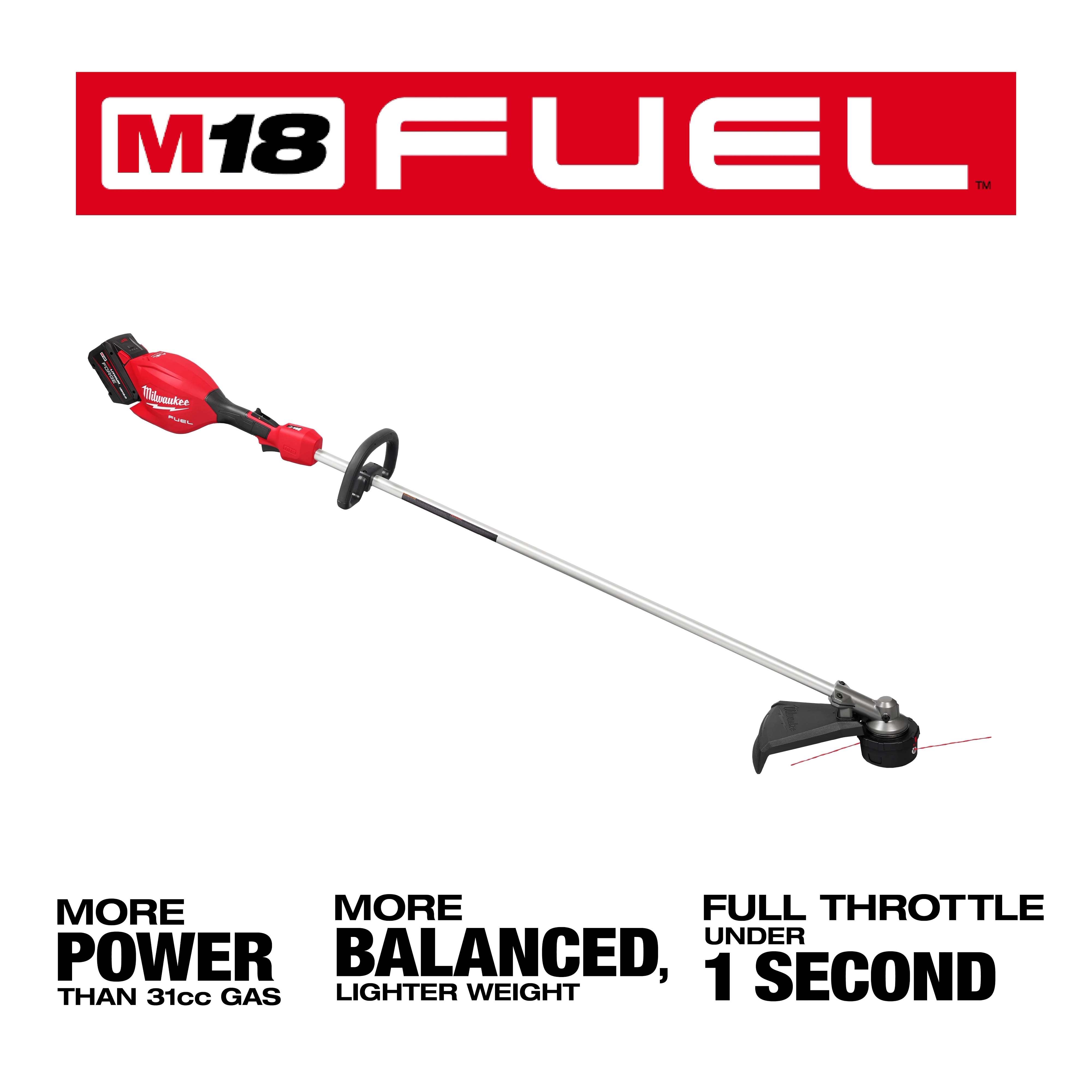 Red and black M18 Fuel trimmer. Promises more power and balance, with full throttle under 1 second.