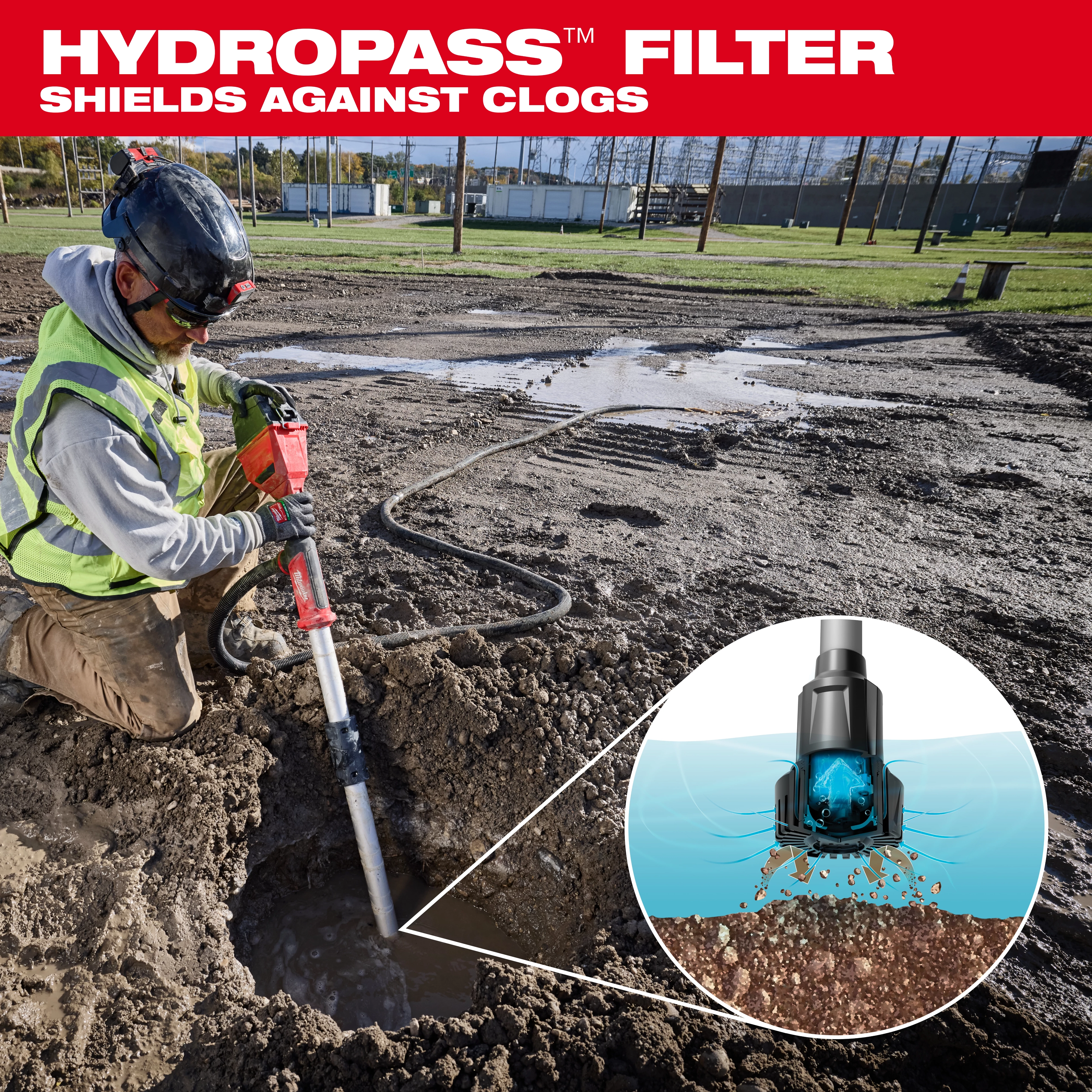 A worker uses an M18™ Brushless Stick Transfer Pump to remove water from a muddy construction site. The top of the image displays text: "HYDROPASS™ FILTER SHIELDS AGAINST CLOGS." An inset shows a close-up of the filter preventing debris from clogging the pump.