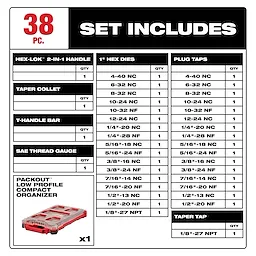 Set includes HEX-LOK 2-in-1 handle, tape collet, t-handle bar, SAE thread gauge, 1" hex dies, plug taps, taper tap, and PACKOUT case