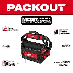 Walkaround image of the Milwaukee PACKOUT 15" Structured Tote highlighting its USPs