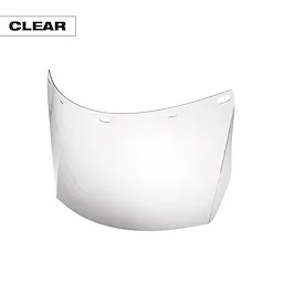 Clear, curved plastic face shield with ventilation slots along the top edge. Labeled "CLEAR" in the top left corner.