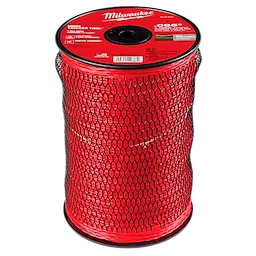 A spool of Milwaukee red trimmer line encased in black netting, with product information label on top.