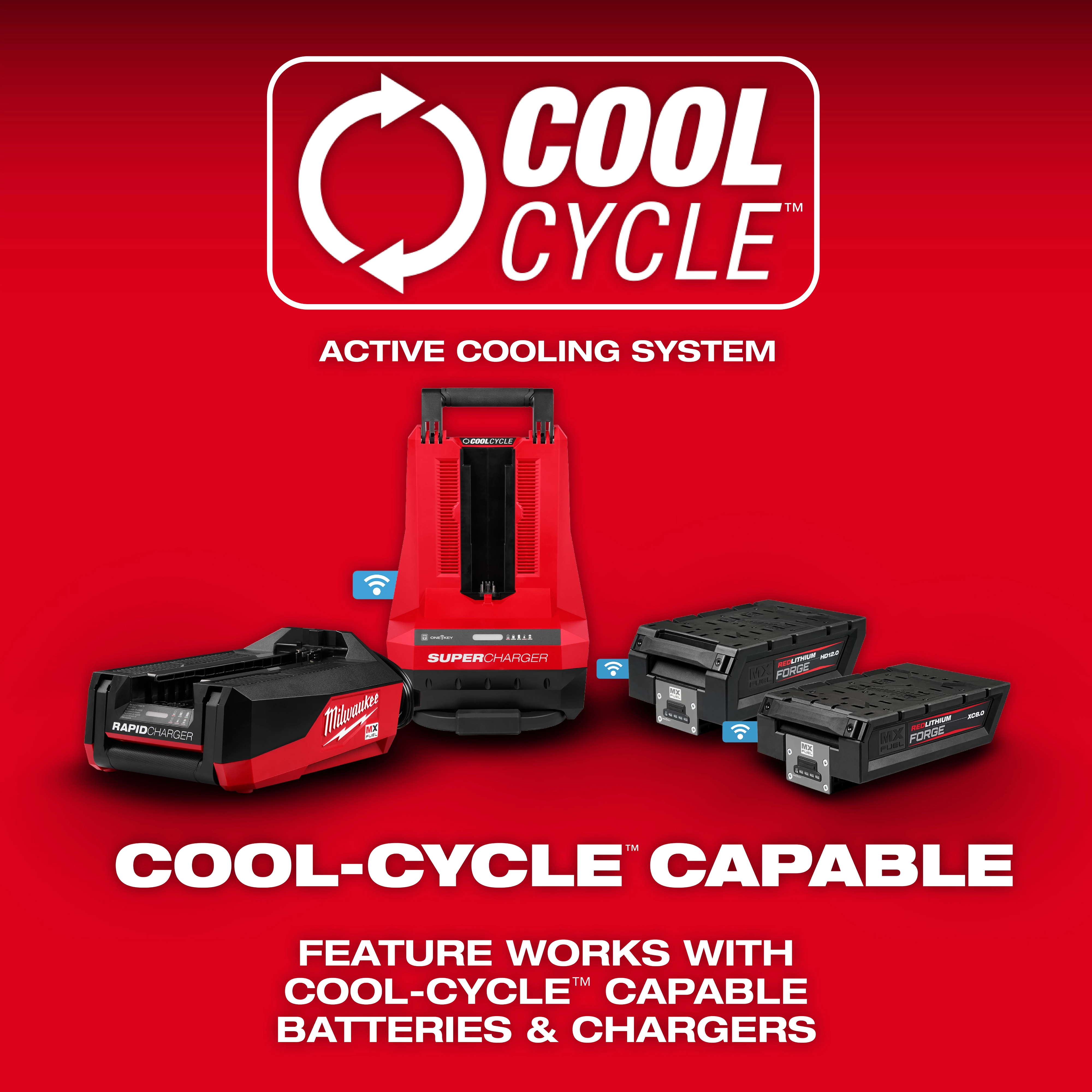 The image shows a red MX FUEL™ Rapid Charger and batteries with the "COOL-CYCLE™" logo above them, indicating an active cooling system. The text below states that the "COOL-CYCLE™ CAPABLE" feature works with COOL-CYCLE™ capable batteries and chargers.