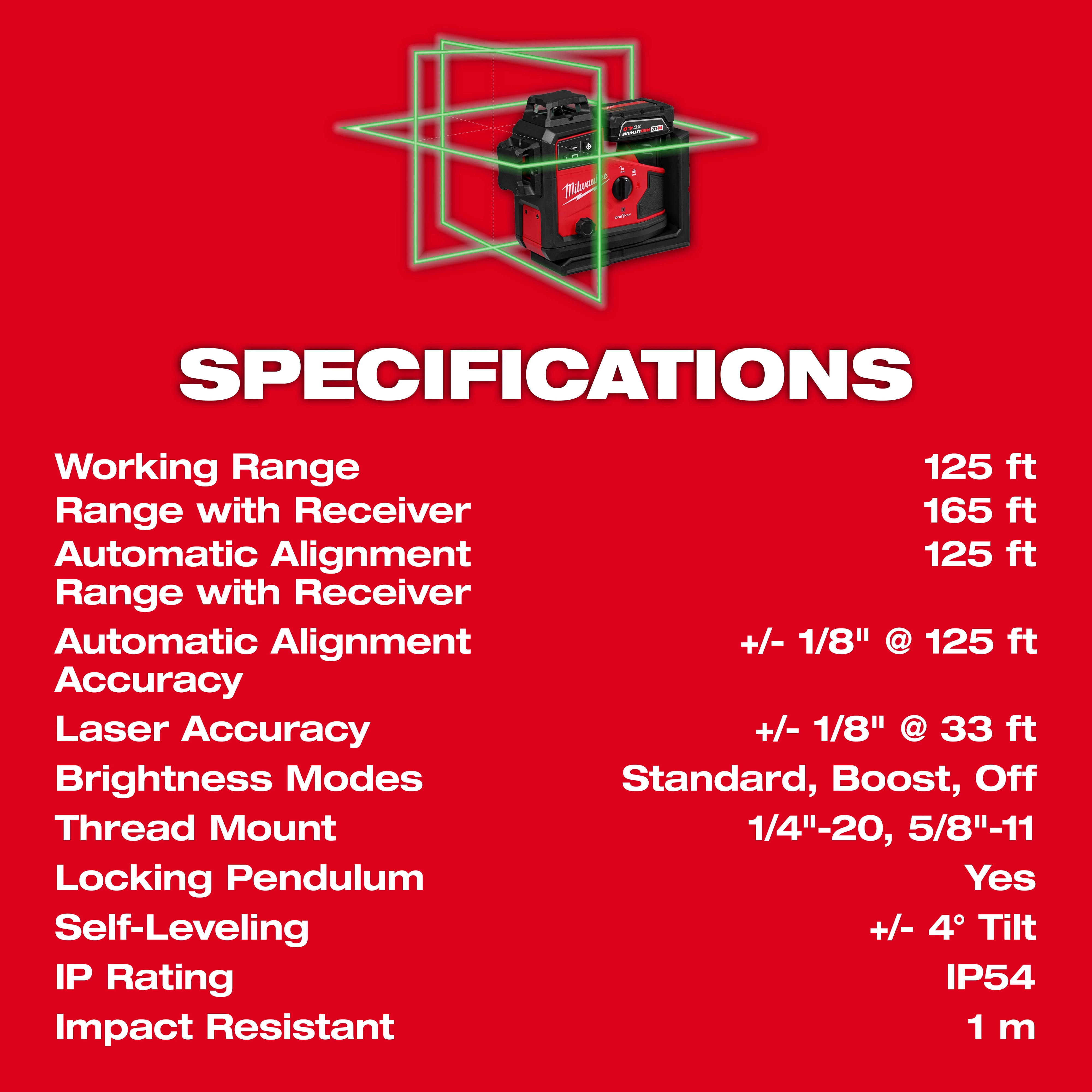 Image showing the specifications of the M12™ Green 360° 3-Plane Laser w/ Automatic Alignment & Receiver. Its working range is 125 ft, range with receiver is 165 ft, and automatic alignment accuracy is +/- 1/8" at 125 ft. It features self-leveling, IP54 rating, and impact resistance of 1 m.