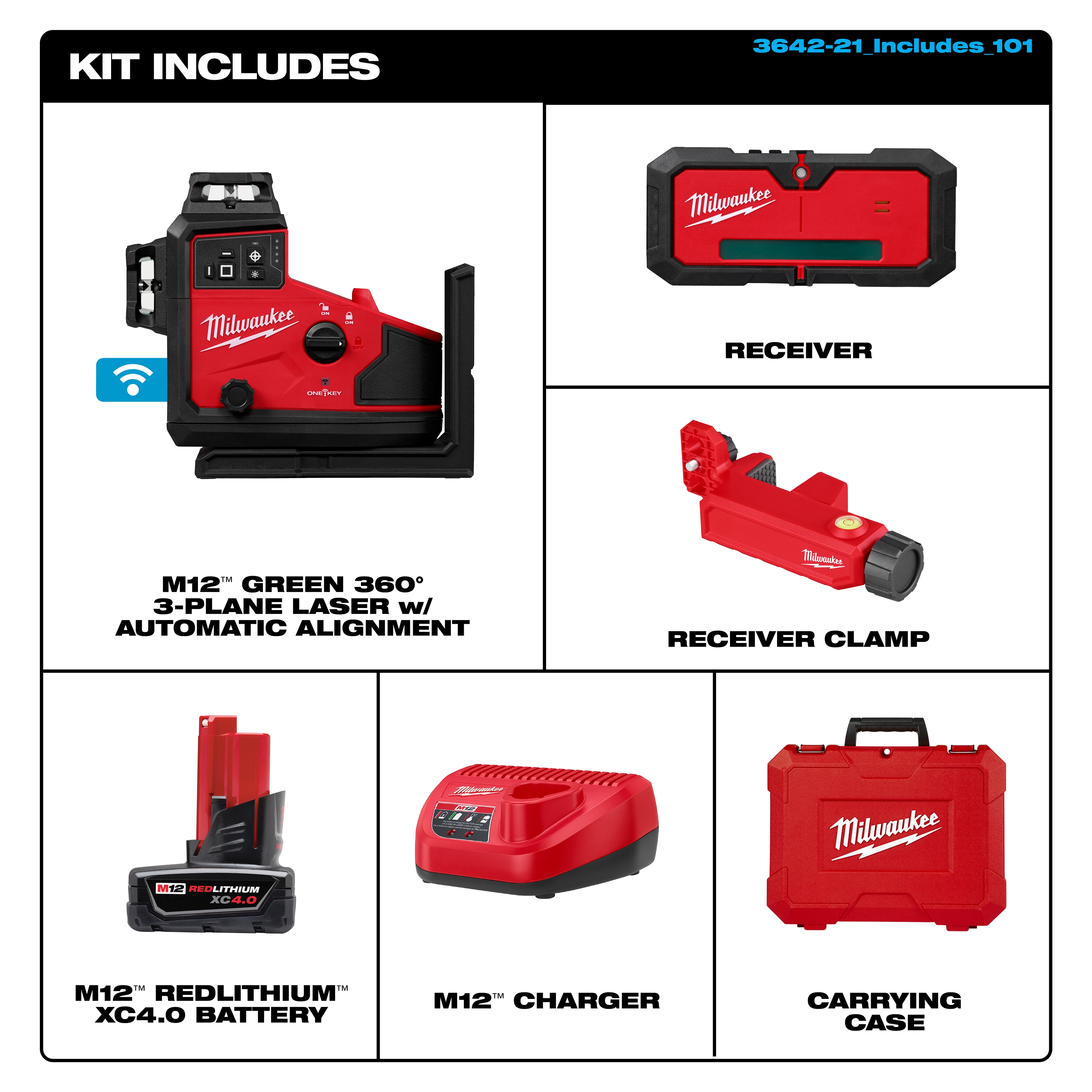 The image shows the components included in the M12™ Green 360° 3-Plane Laser w/ Automatic Alignment & Receiver kit. It includes the laser device, receiver, receiver clamp, M12™ REDLITHIUM™ XC4.0 battery, M12™ charger, and a carrying case. Everything is in red with the Milwaukee logo.