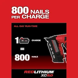 Image of the M18 FUEL Duplex Nailer highlighting the benefits of using a REDLITHIUM battery with the text "800 nails per charge. All day run-time. 1 charge = 800 nails.