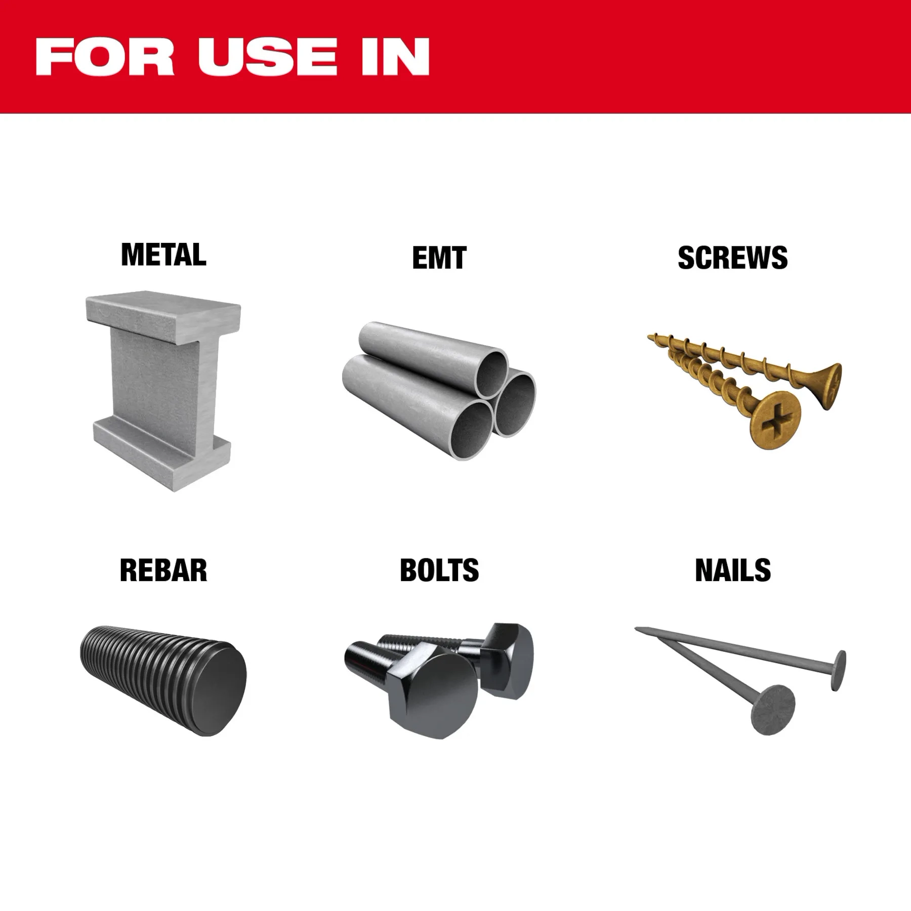 For use in Metal, EMT, Screws, Rebar, Bolts, and Nails