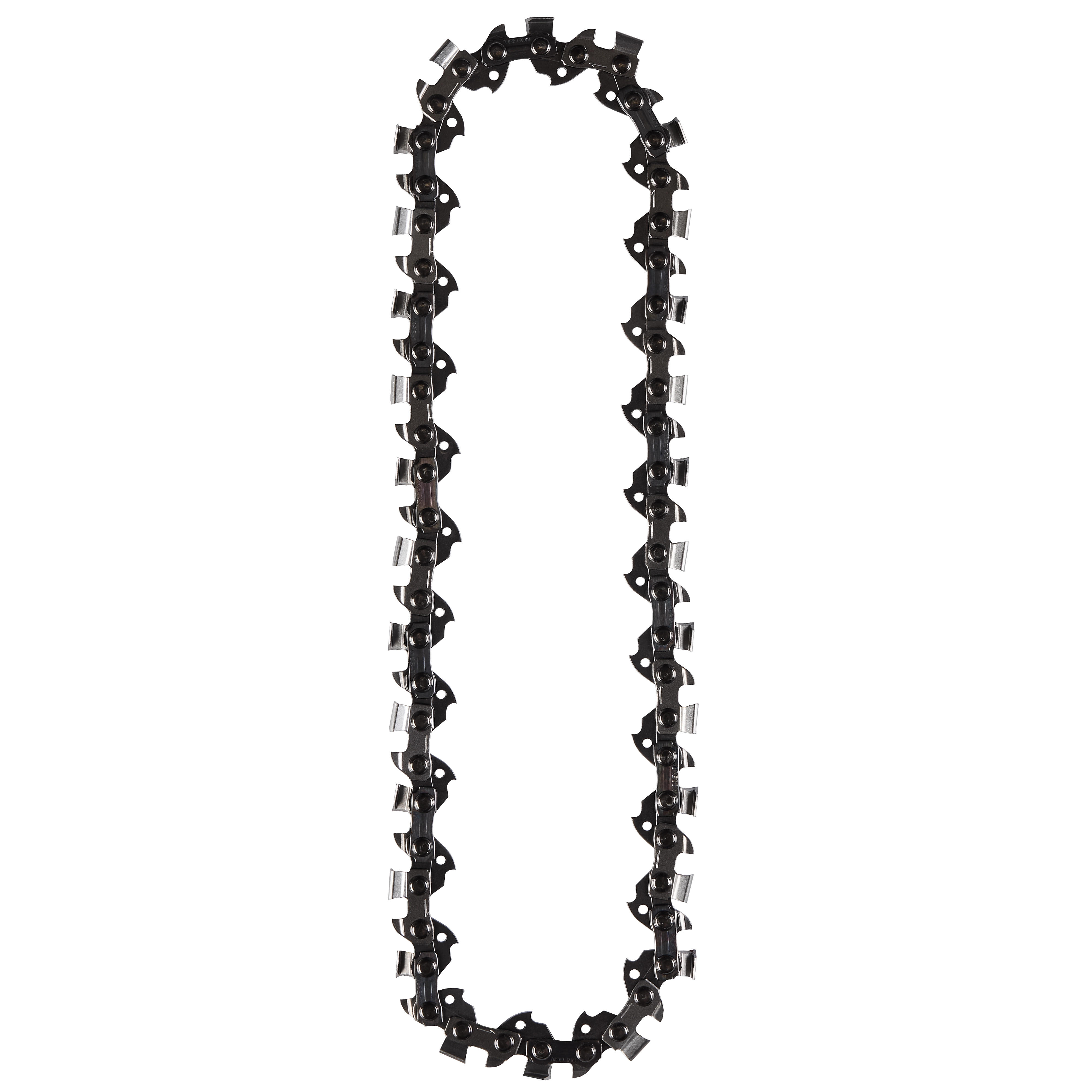 A chainsaw chain in an oval shape with metallic links and cutting teeth.