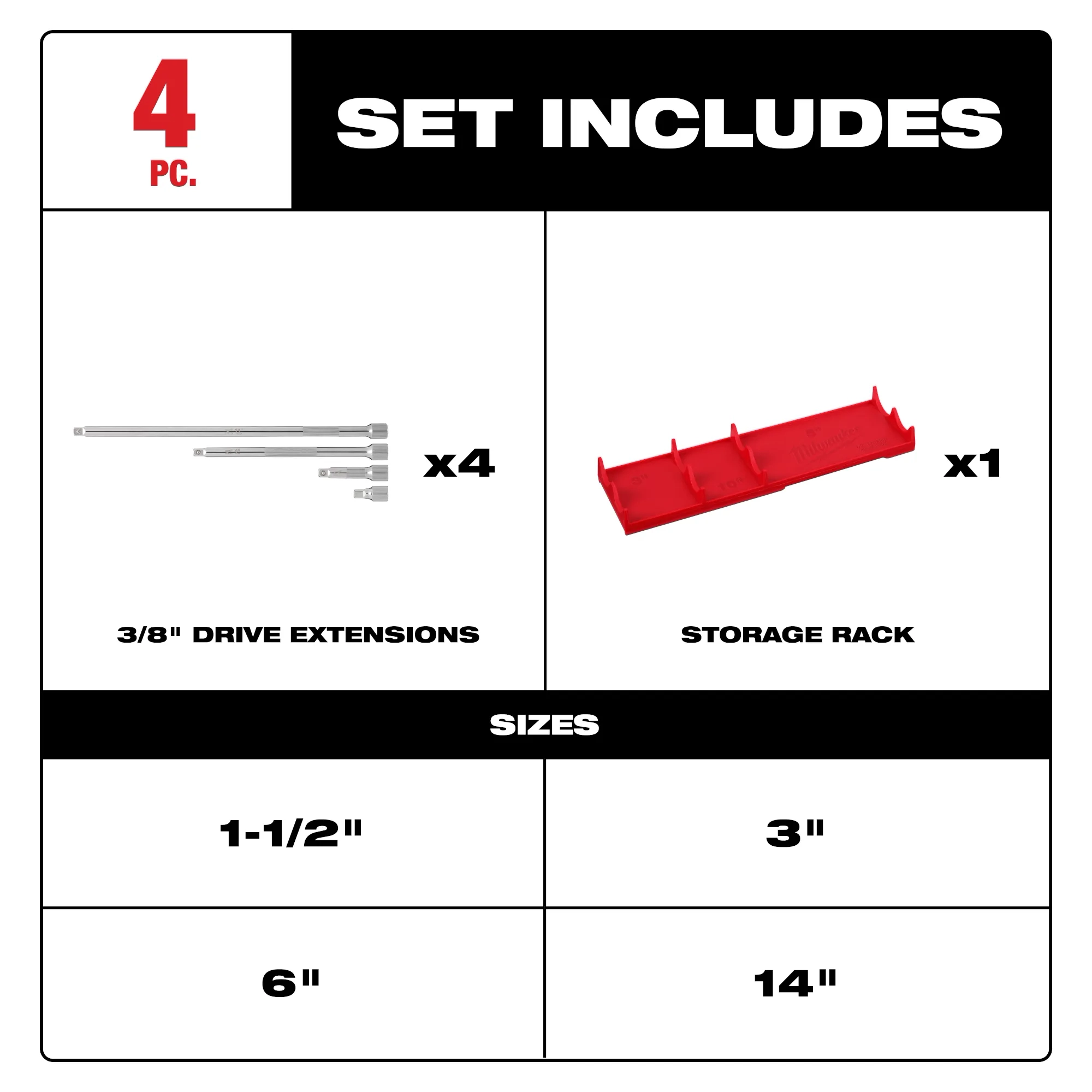 Includes image of the Milwaukee 4pc 3/8” Drive Extension Set