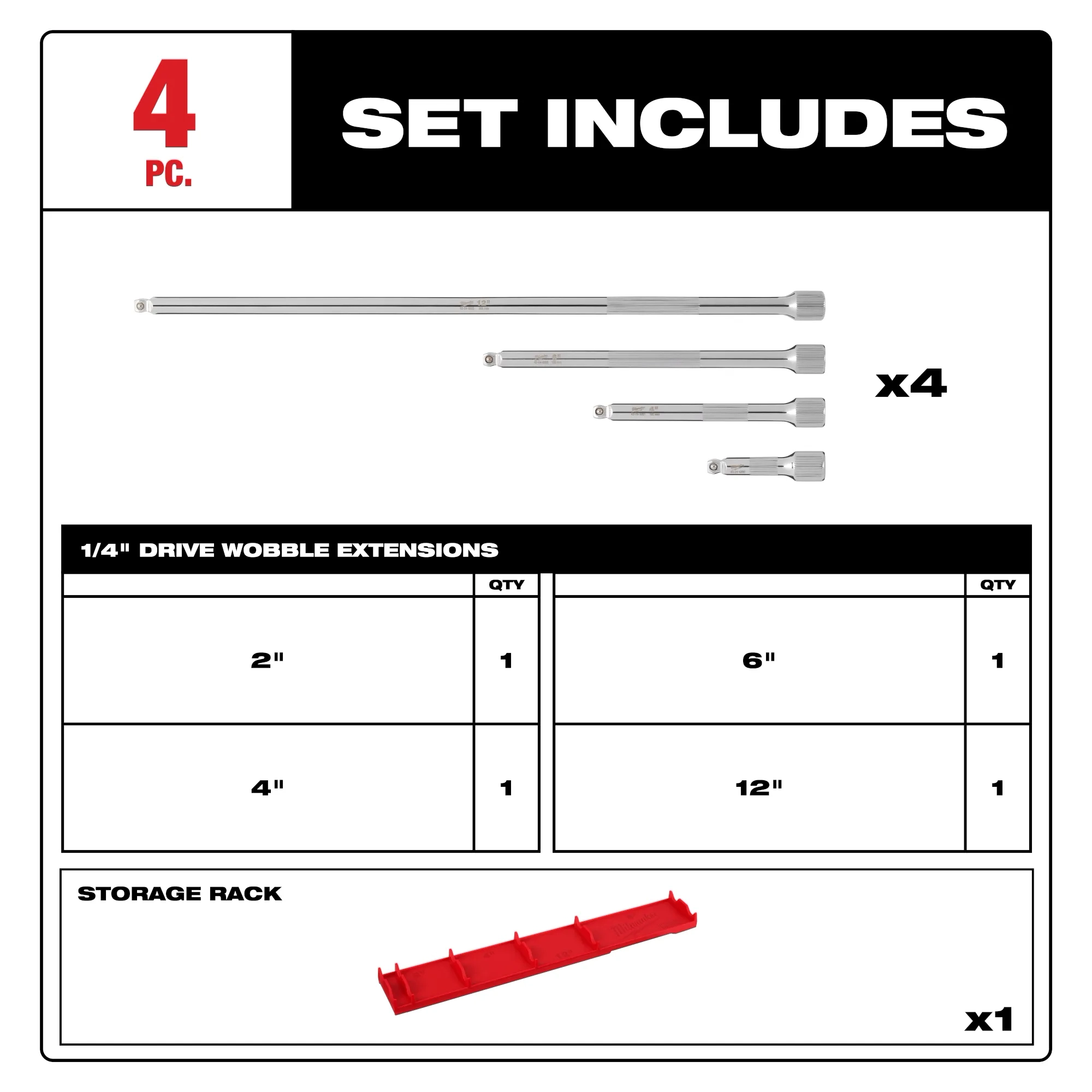 Set includes image of the Milwaukee 4PC 1/4” Drive Wobble Extension Set